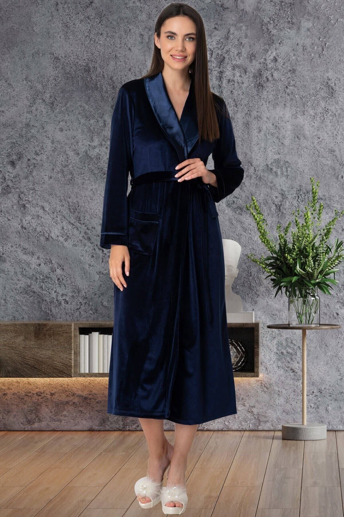 Mecit Pijama Lacivert Kadife Kadın Sabahlık