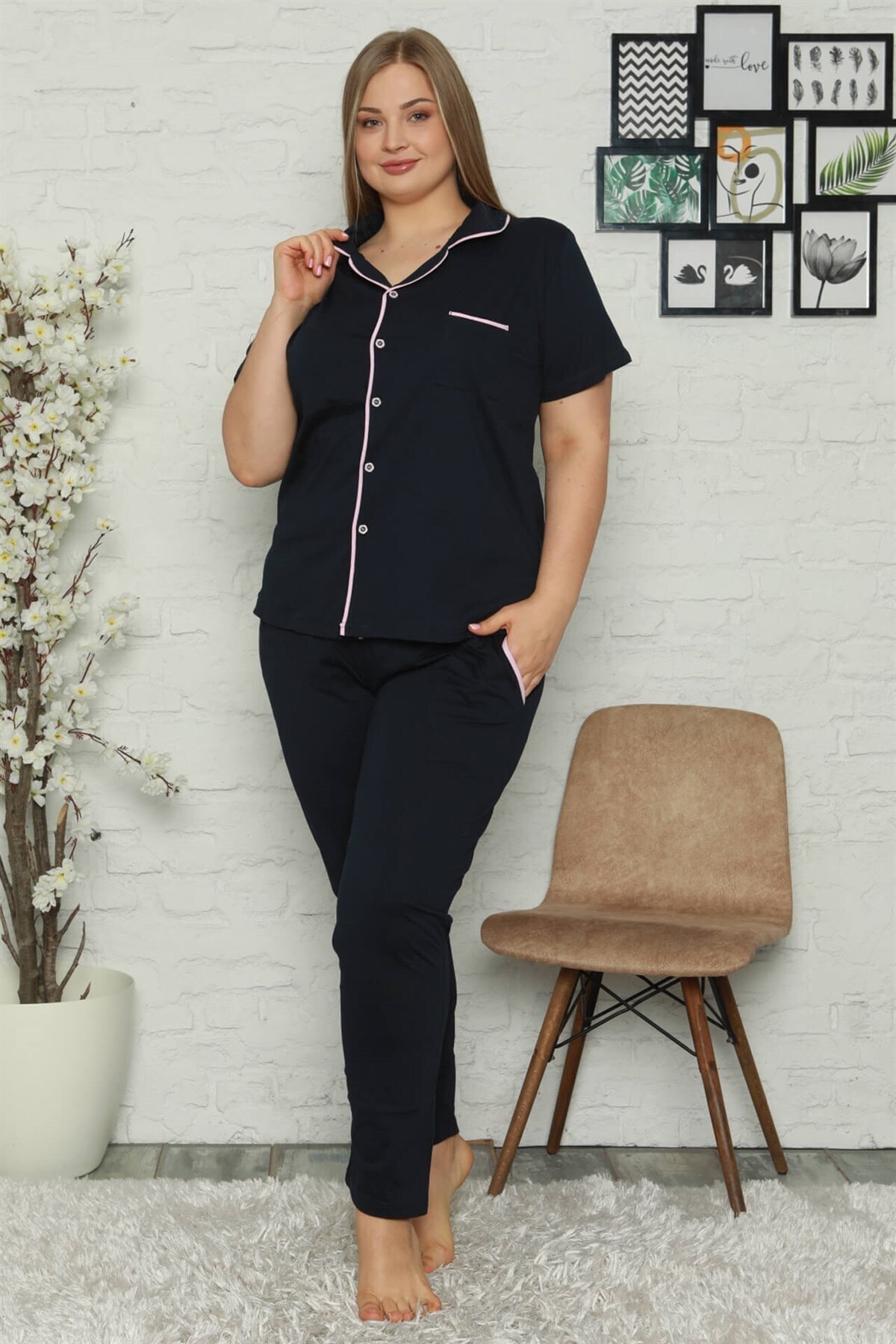 alfaze Kadın Pamuklu Cepli Kısa Kol Büyük Beden Pijama Takım 202064 Lacivert