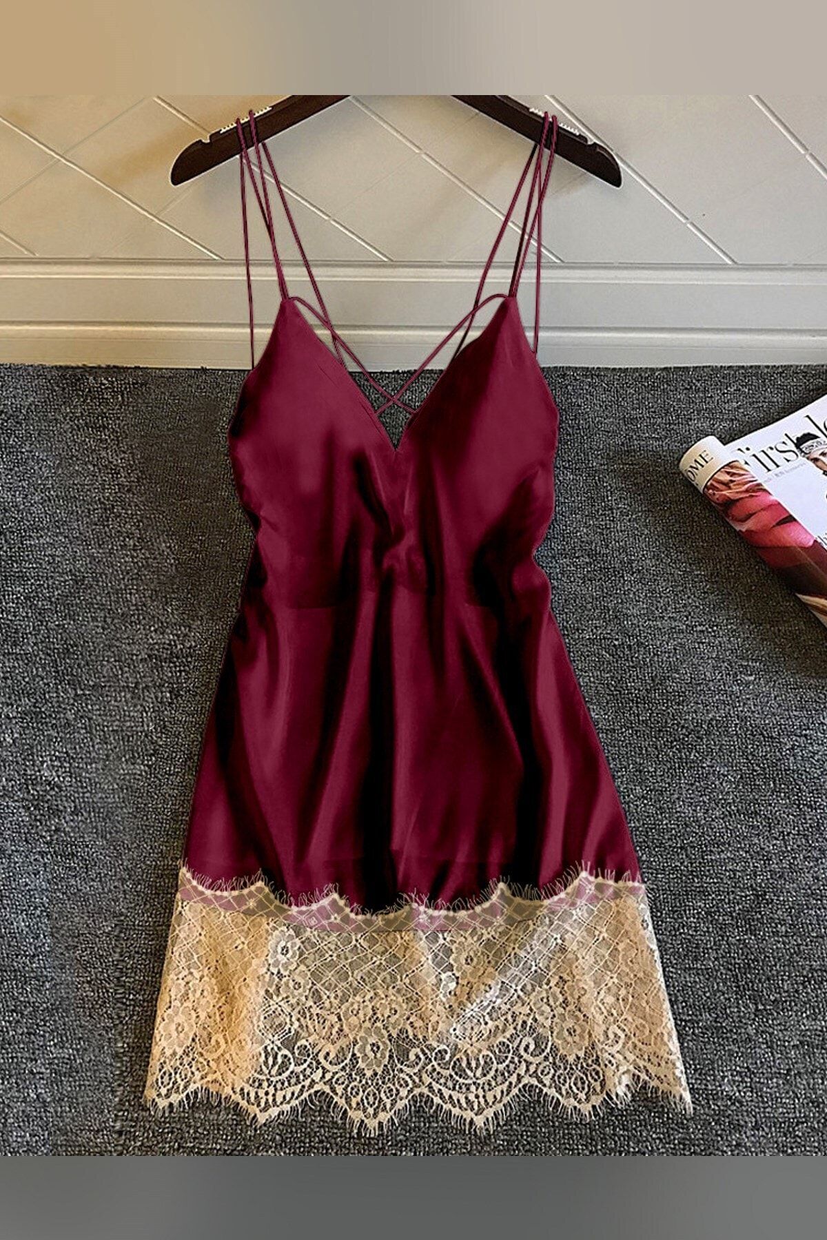 Pembishomewear Donna Temple Bordo Saten Gecelik
