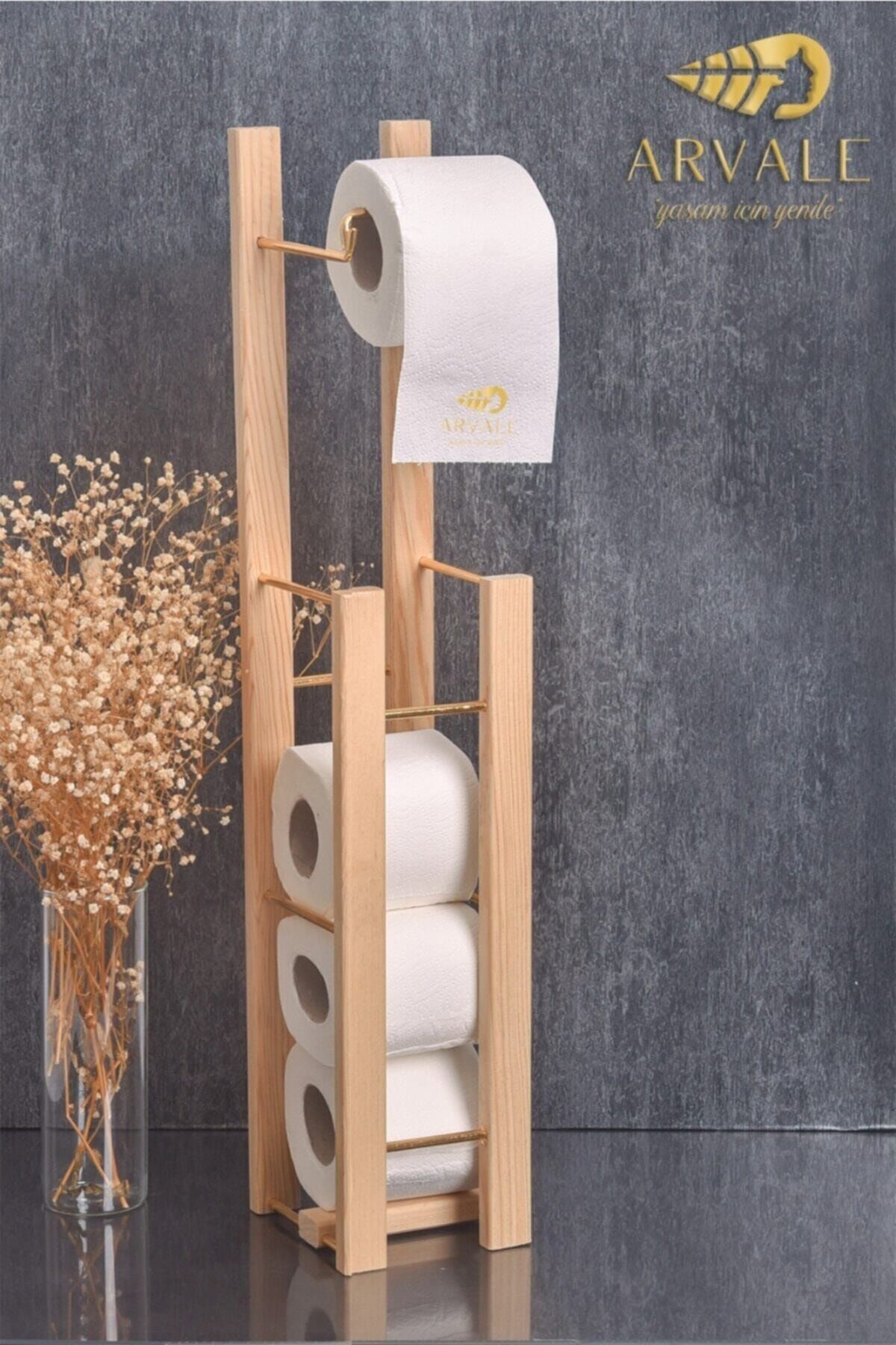 ARVALE Gold Metal Ve Ahşap Tuvalet Kağıtlığı Banyo Wc Kağıtlık