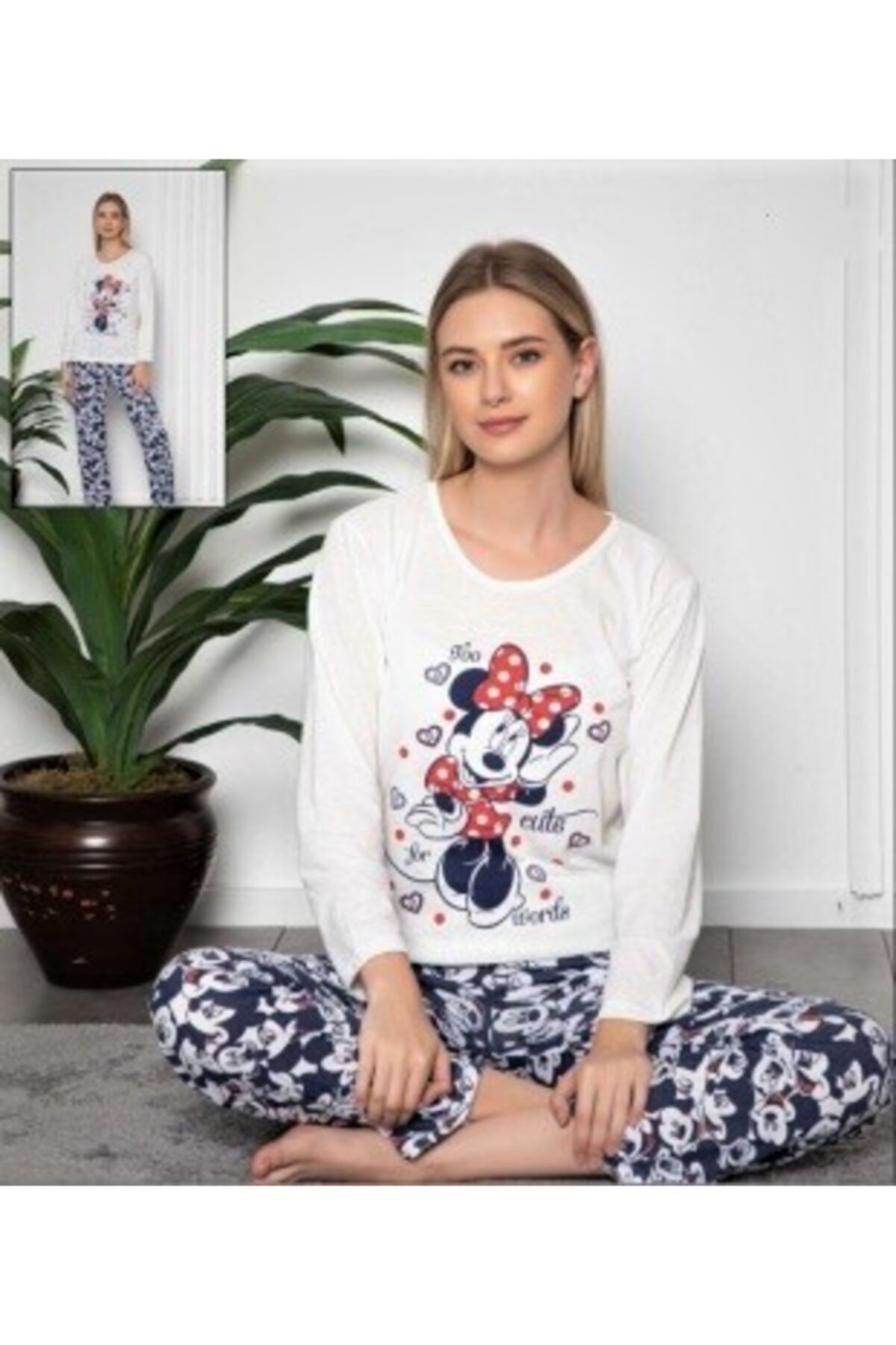 USLULAR Beyaz Baskılı Uzun Kollu Pijama Takımı