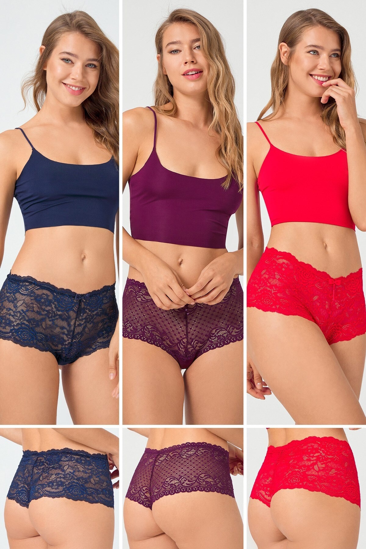 Cottonhill Kadın Transparan Dantelli Tanga Şort Külot 3'lü Paket - 2