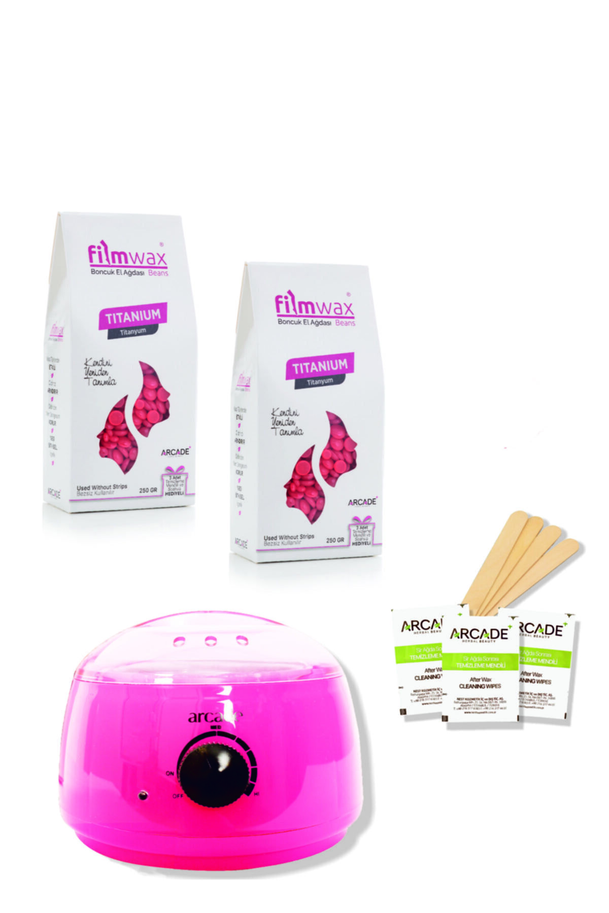 Arcade Ağda Seti-2 Adet Filmwax (soyulabilen Boncuk) Ağda Pudralı 500 Gr + Ağda Istıcısı (800ml)