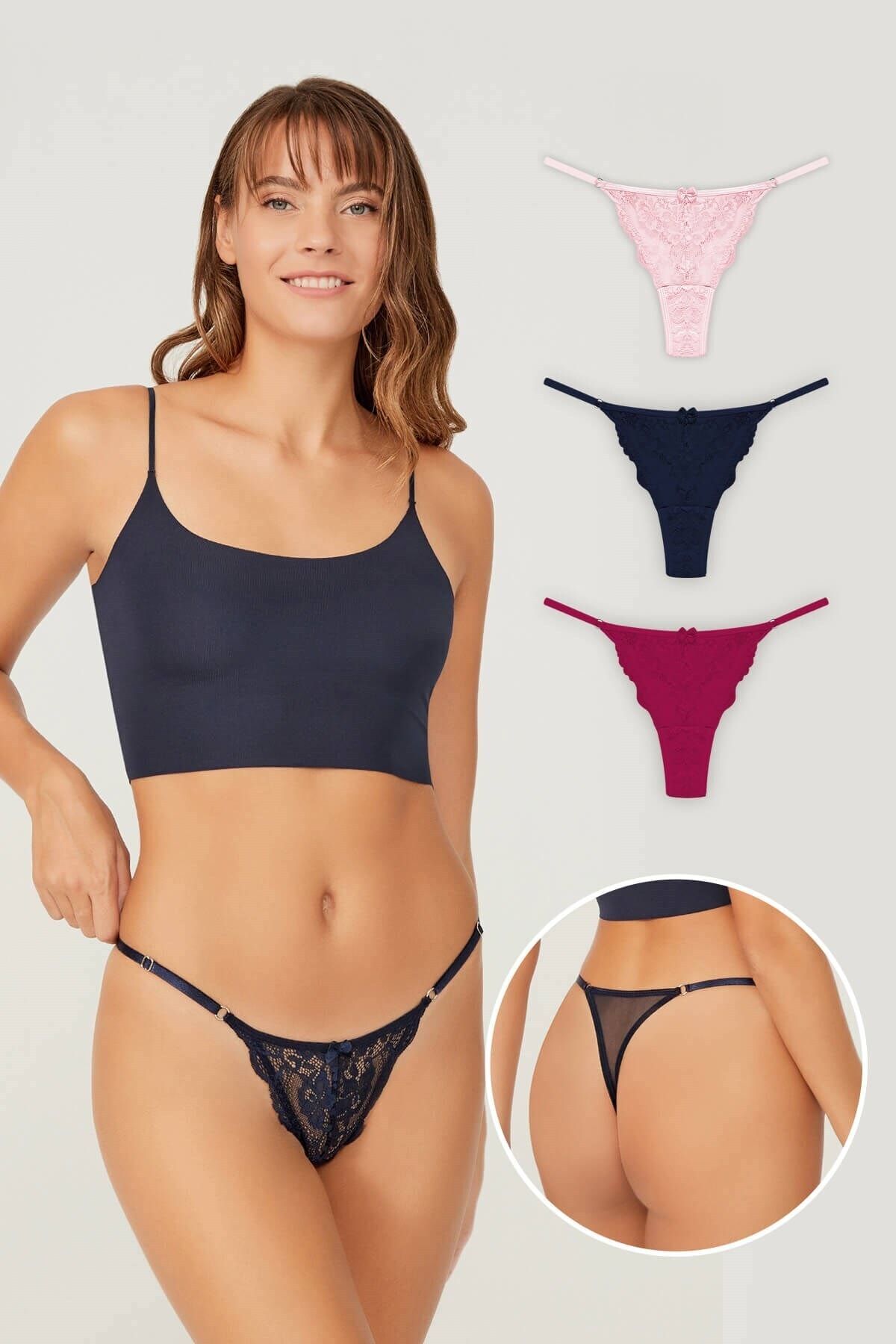 Cottonhill Önü Dantelli Tül Detaylı Kadın Tanga 3'lü Paket Külot