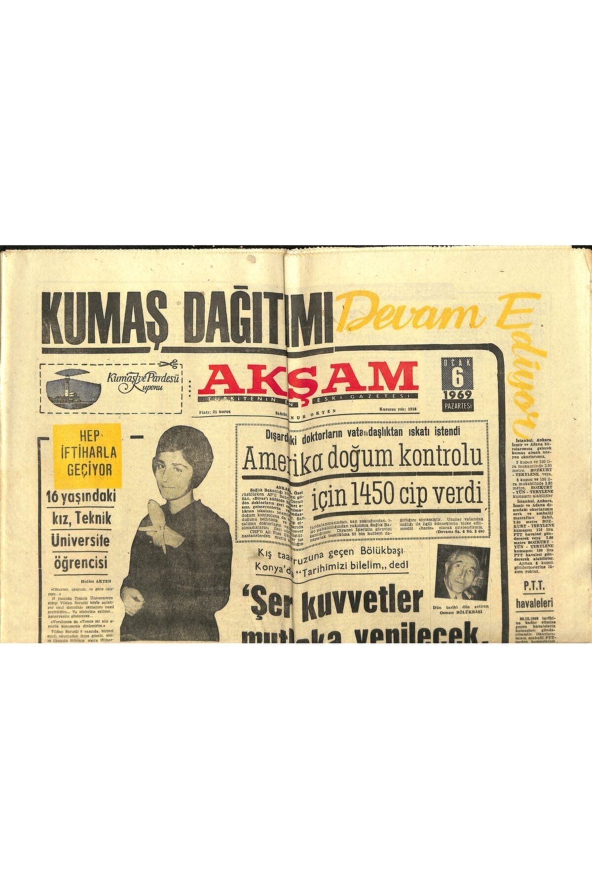 Gökçe Koleksiyon Akşam Gazetesi - 6 Ocak 1969 - Amerika Doğum Kontrolü Için 1450 Cip Verdi