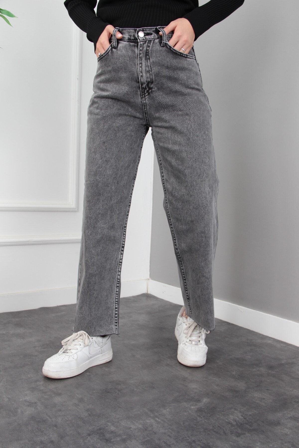 Esvet Kadın Gri Tesettür Paçaları Püsküllü Wide Leg Denim Kot Pantolon