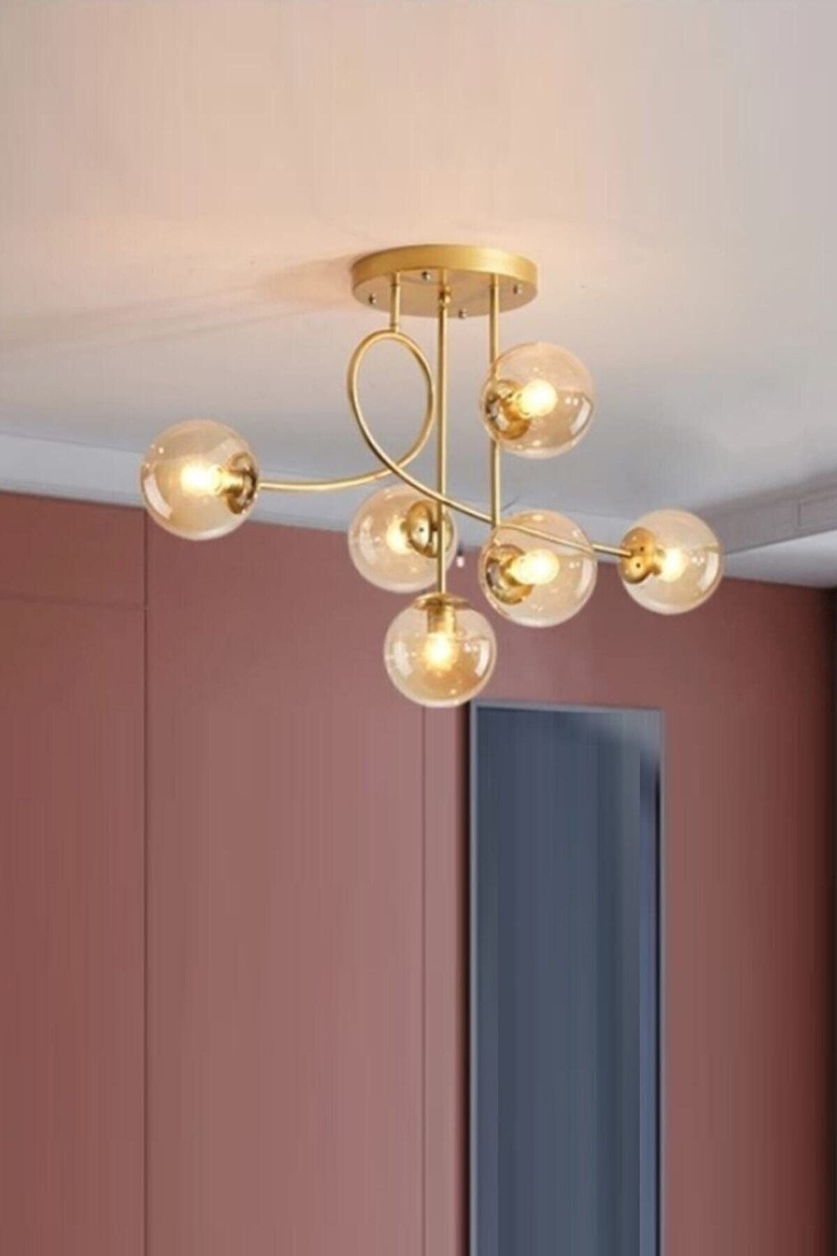 Lambadar Pare Model Modern Spor Gold 6'lı Glop Bal Camlı Avize