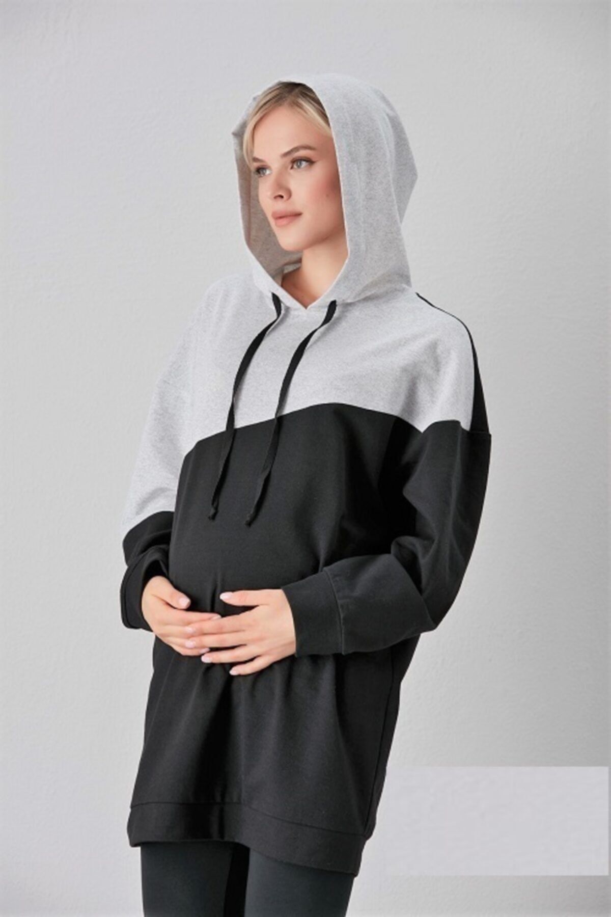 Entarim Örme Kapşonlu Hamile Sweatshirt