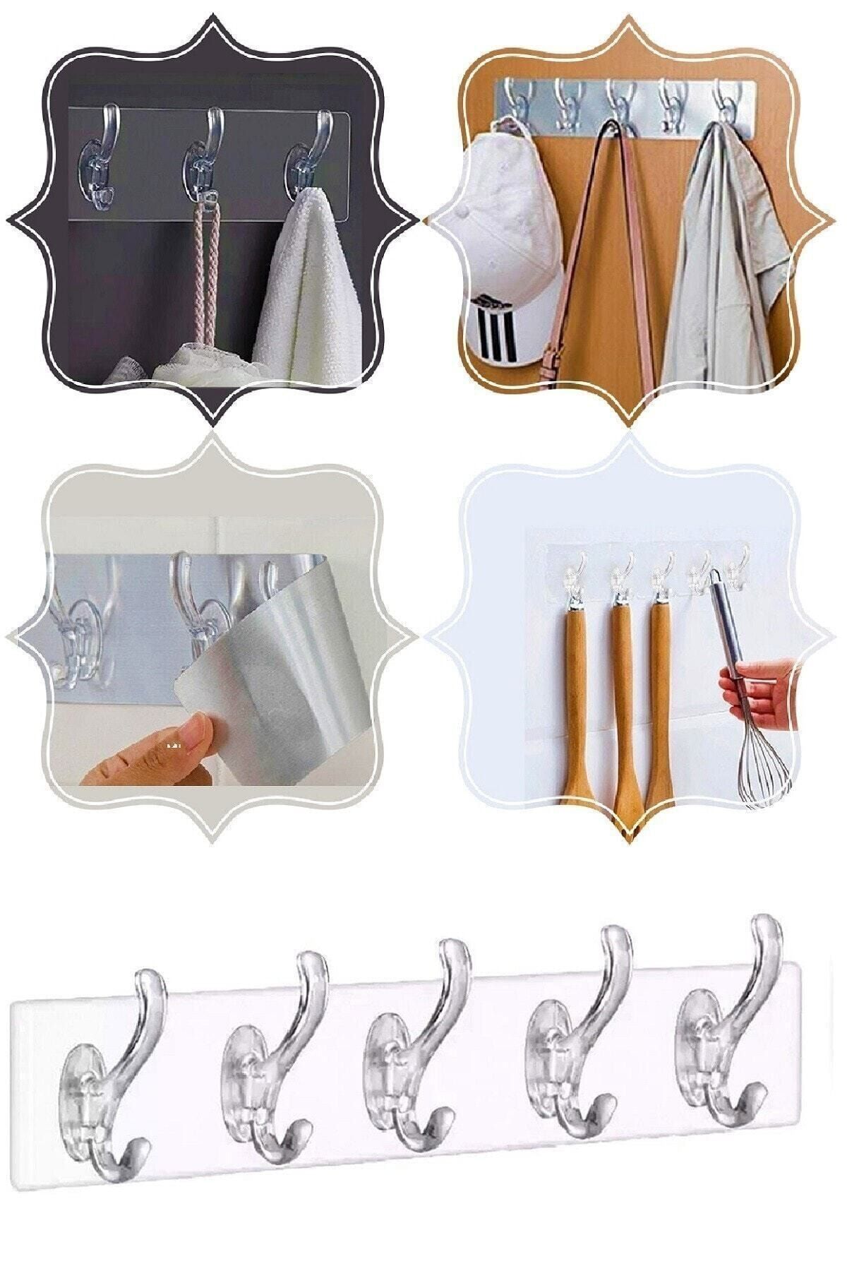 Kitchen Beauty 5'li Yapışkanlı Şeffaf Duvar Askısı Banyo Mutfak Düzenleyici Askı Pratik Kanca Askılık