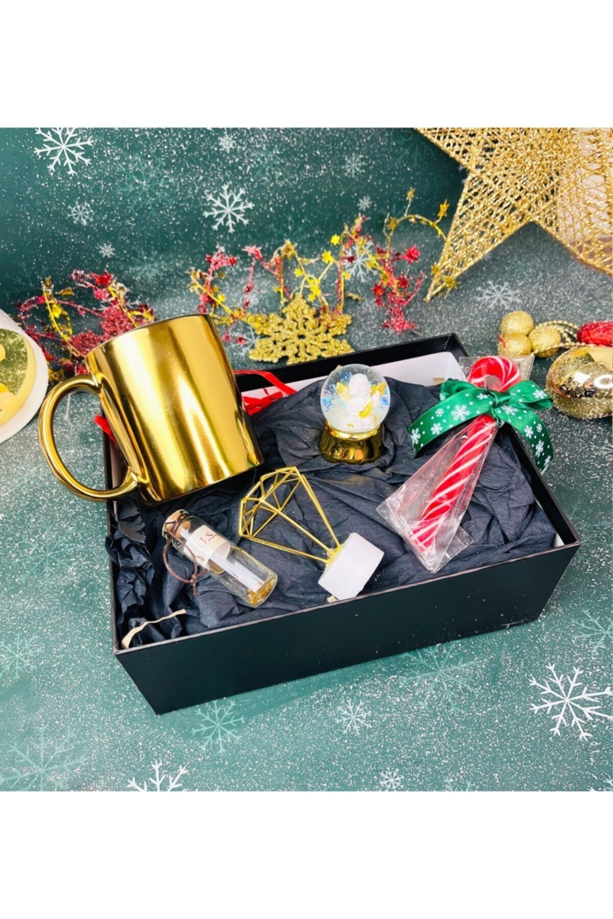 Gift Moda Gold Kupa Dilek Şişesi Mini Elmas Lamba Baston Şeker Ve Altınyaldızlı Melek Kar Küresi Yılbaşı Seti