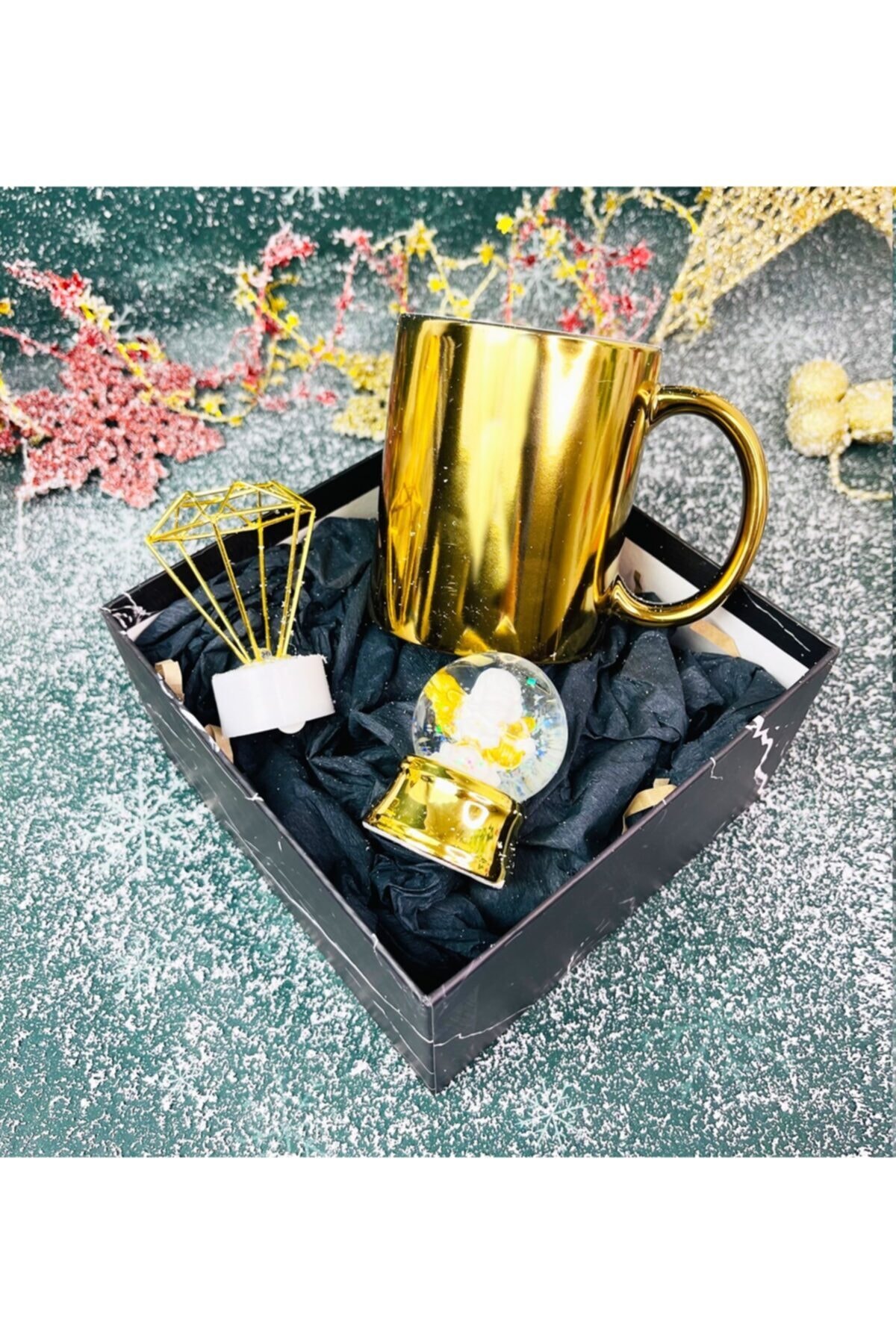 Gift Moda Gold Kupa Mini Elmas Gece Lambası Ve Altınyaldızlı Melek Kar Küresi Yılbaşı Seti
