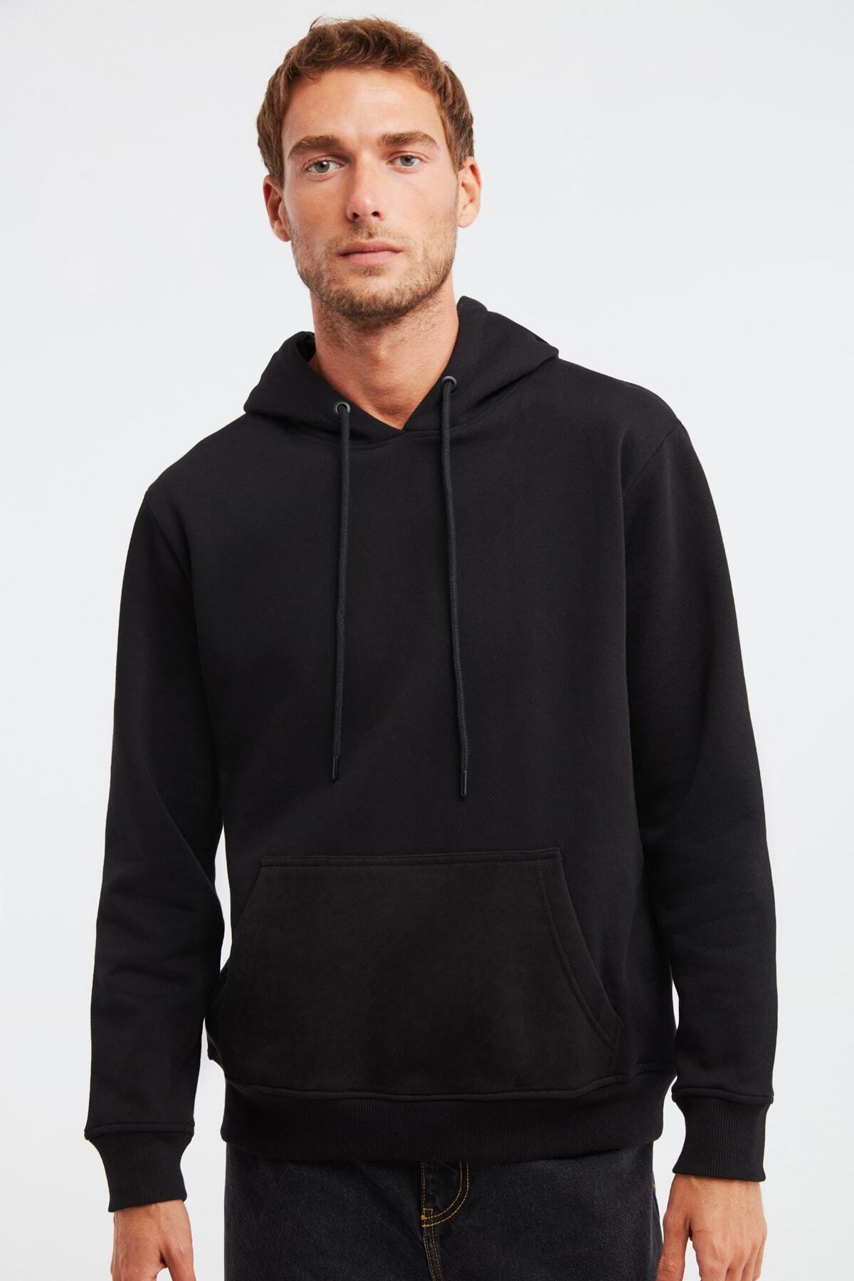 GRIMELANGE JORGE Erkek Siyah Düz Renk Kapüşonlu Comfort Sweatshirt