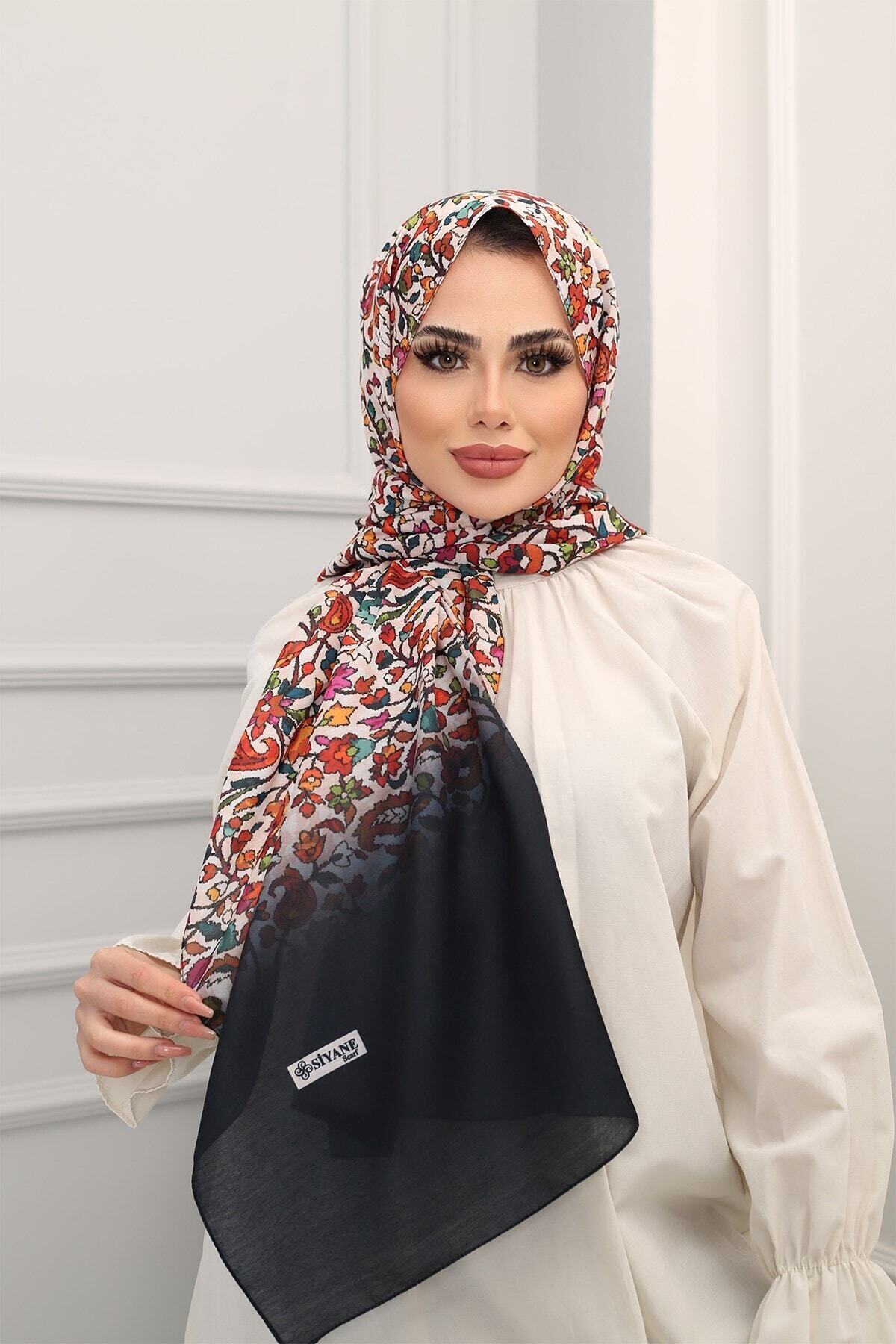 Esarp Center Siyane Çini Desenli Şal 75 185 cm