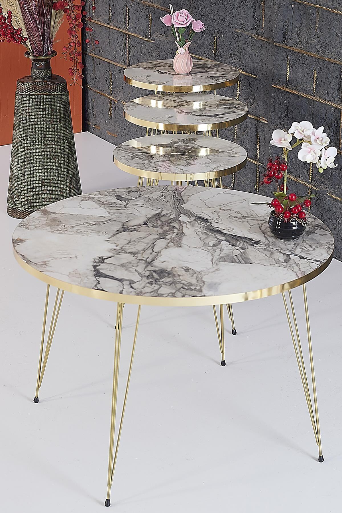 RuponHome Rupon Home 3 Lü Zigon Orta Sehpa Set Yuvarlak-efes Mermer Desenli Gold Metal Ayak
