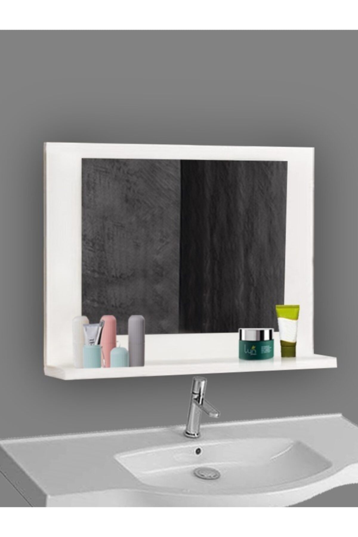 Kalibra Aynalı Raflı Lavabo Üstü Banyo Dresuar Wc Ofis Hol Kolidor Düzenleyici 60x45 Beyaz (%%MDF)