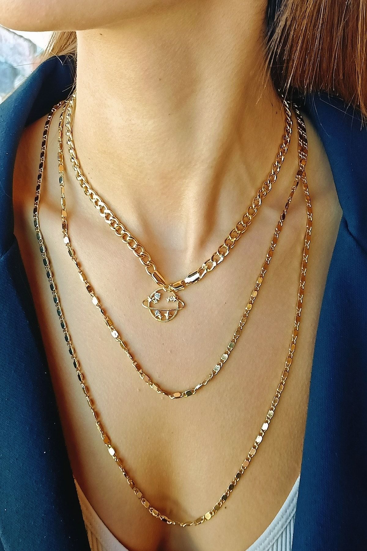 SkyYouAccessories Satürn Gezegen Zirkon Taşlı Kolye Altın Kaplama