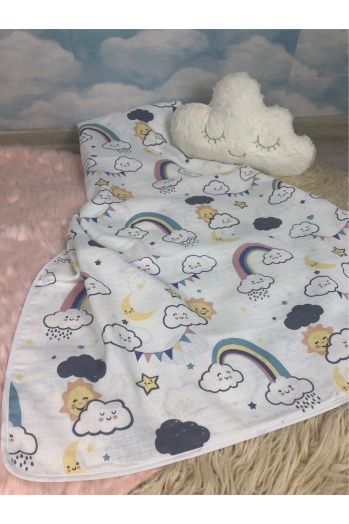 Ufo Baby Bebek Çocuk Müslin Örtü Müslin Pike Çift Taraflı Gökkuşağı Desenli