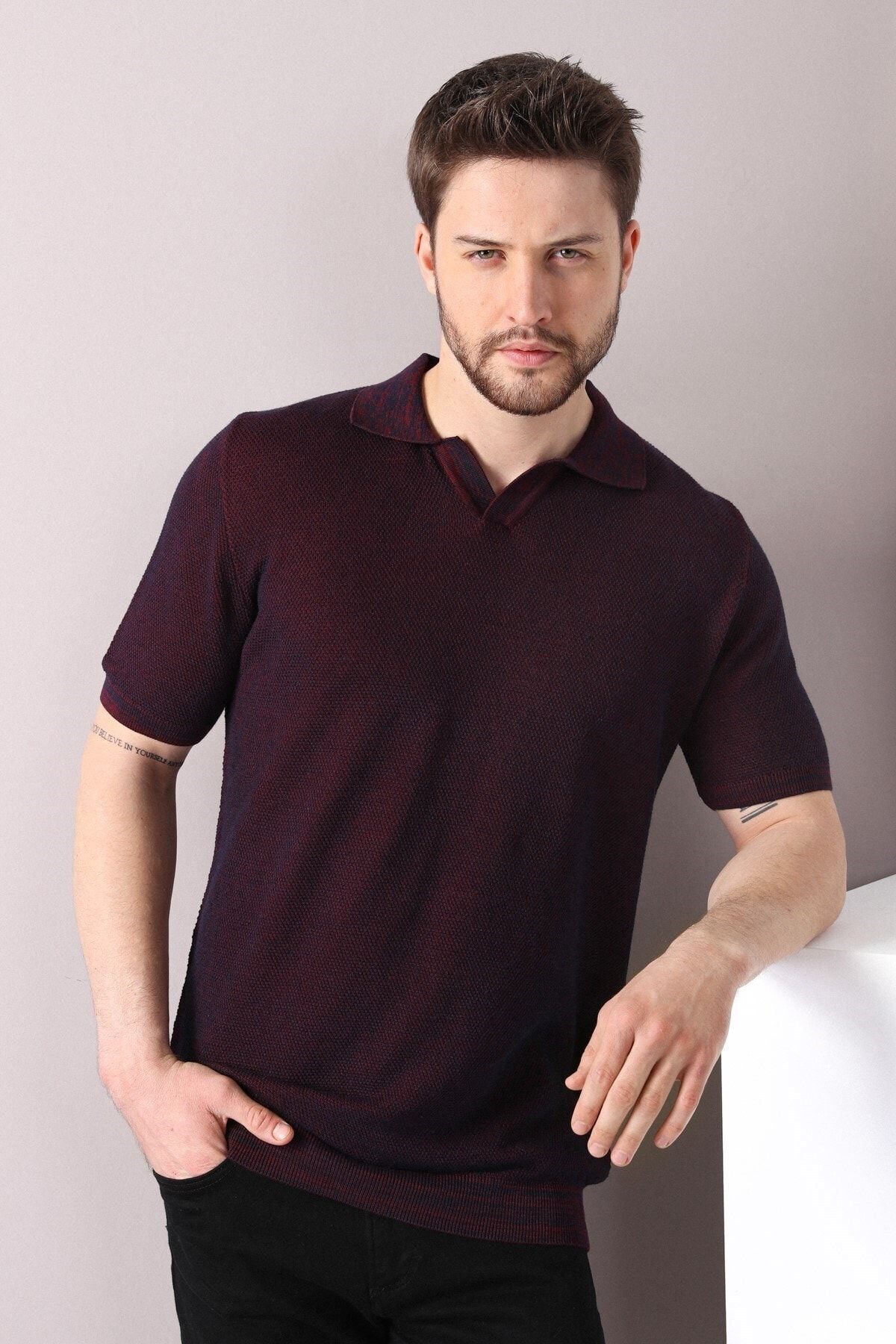 Ferraro Bordo/laci Kuşgözü Desenli Polo Yaka %100 Pamuk Erkek Triko T-shirt
