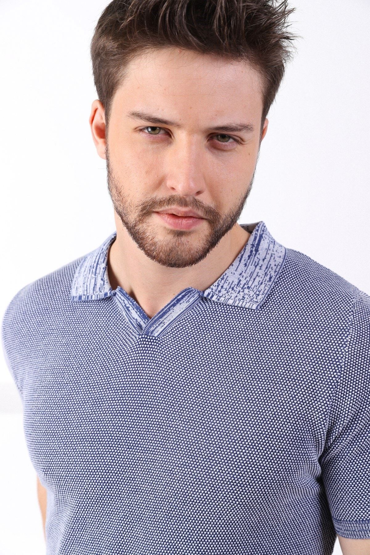 Ferraro Saks/beyaz Kuşgözü Desenli Polo Yaka %100 Pamuk Erkek Triko T-shirt