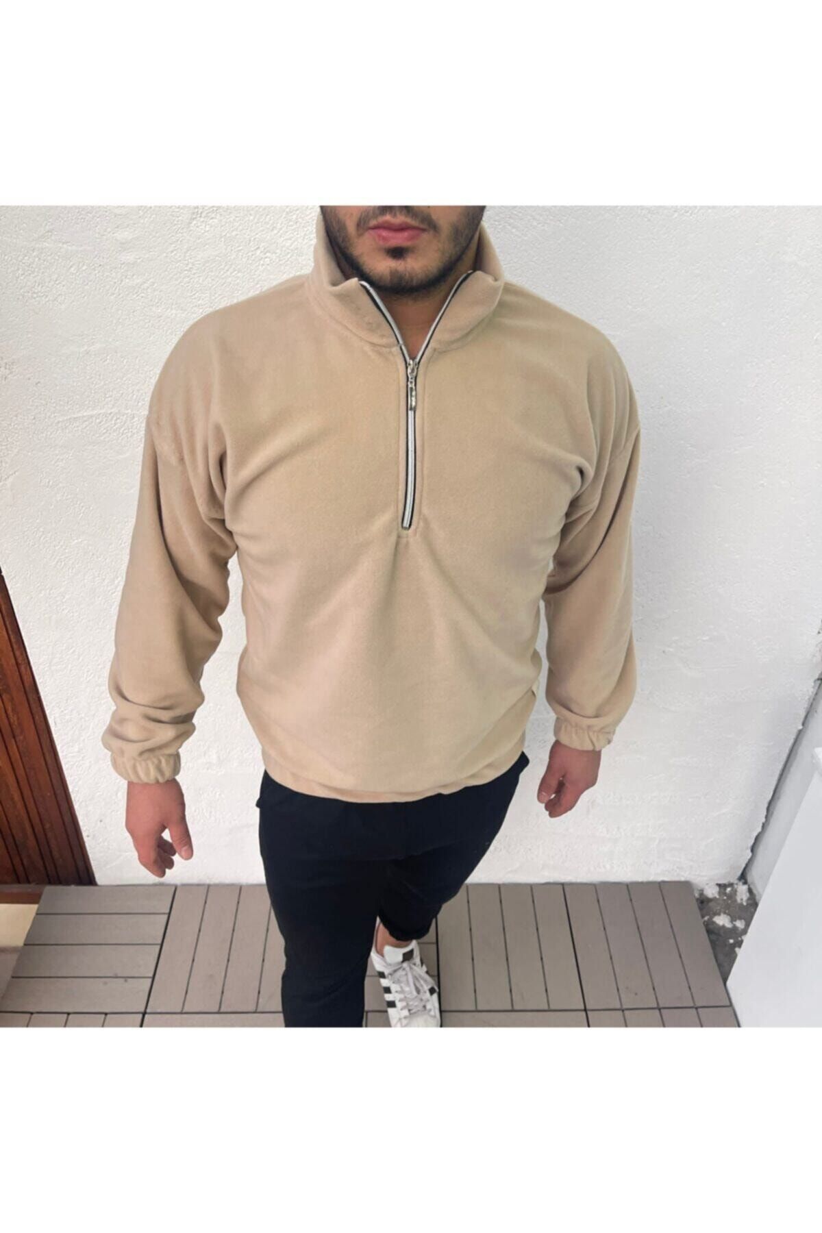 TA COLLECTİON Unisex Bej Yarı Fermuarlı Bato Yaka Polar Sweatshirt