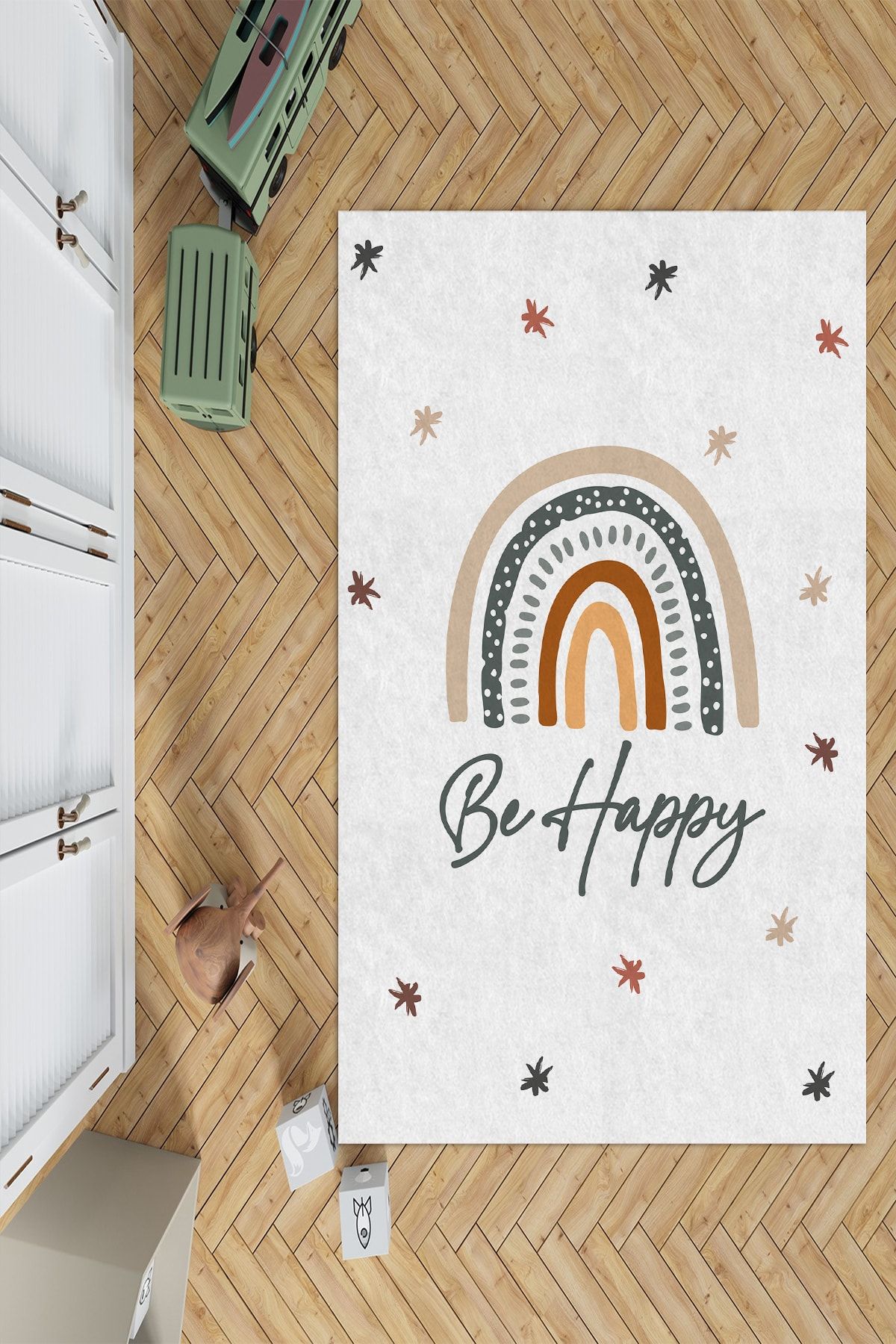 Grey Home Dijital Baskılı Yıkanabilir Mutlu Ol Desenlı Çocuk Odası Halısı -9000