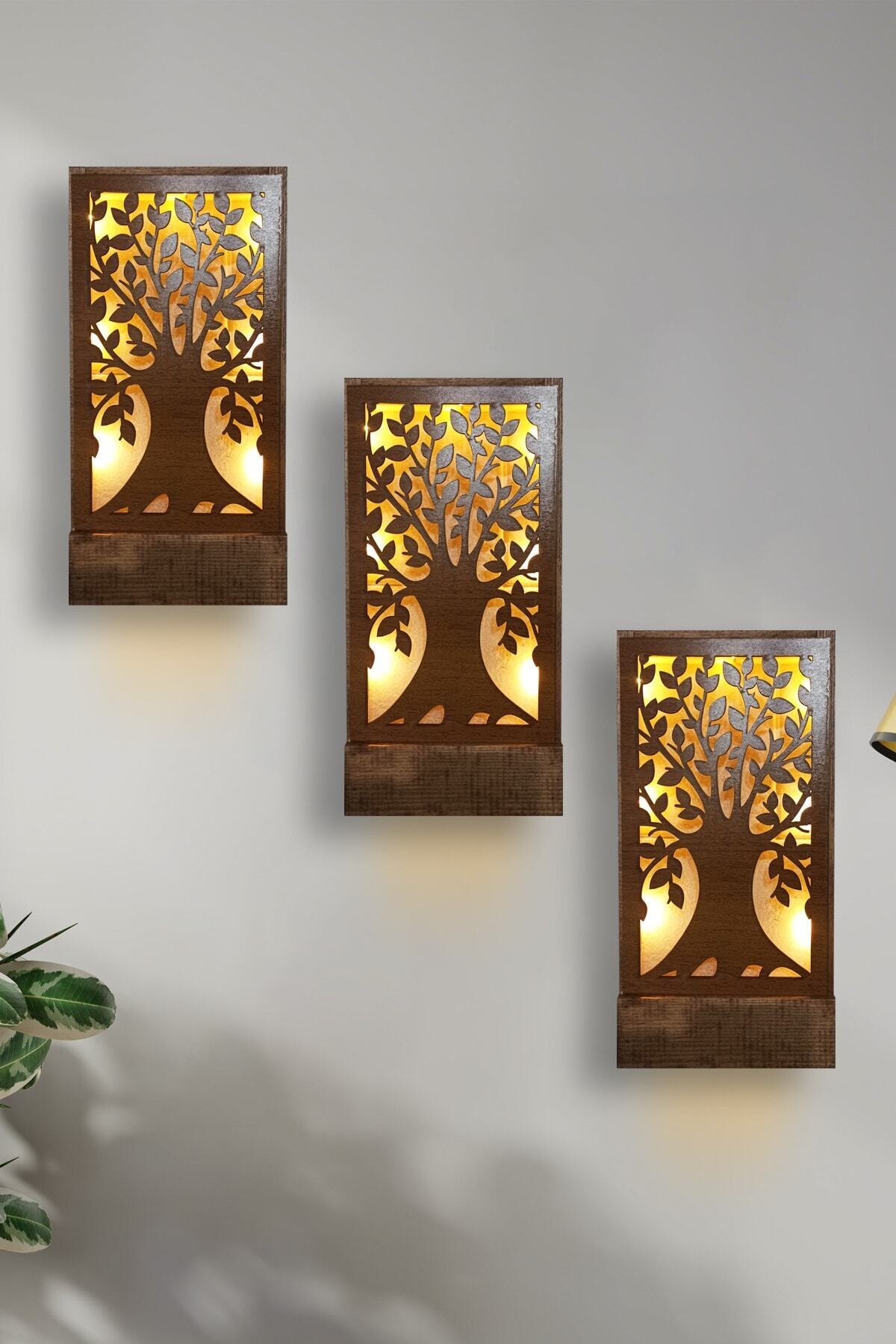 MiaNaturel Peri Ledli Desenli Duvar Süsü Masif Ahşap 18x36 Tablo Gece Lamba Antre Hol Ev Hediyesi Hayat Ağacı