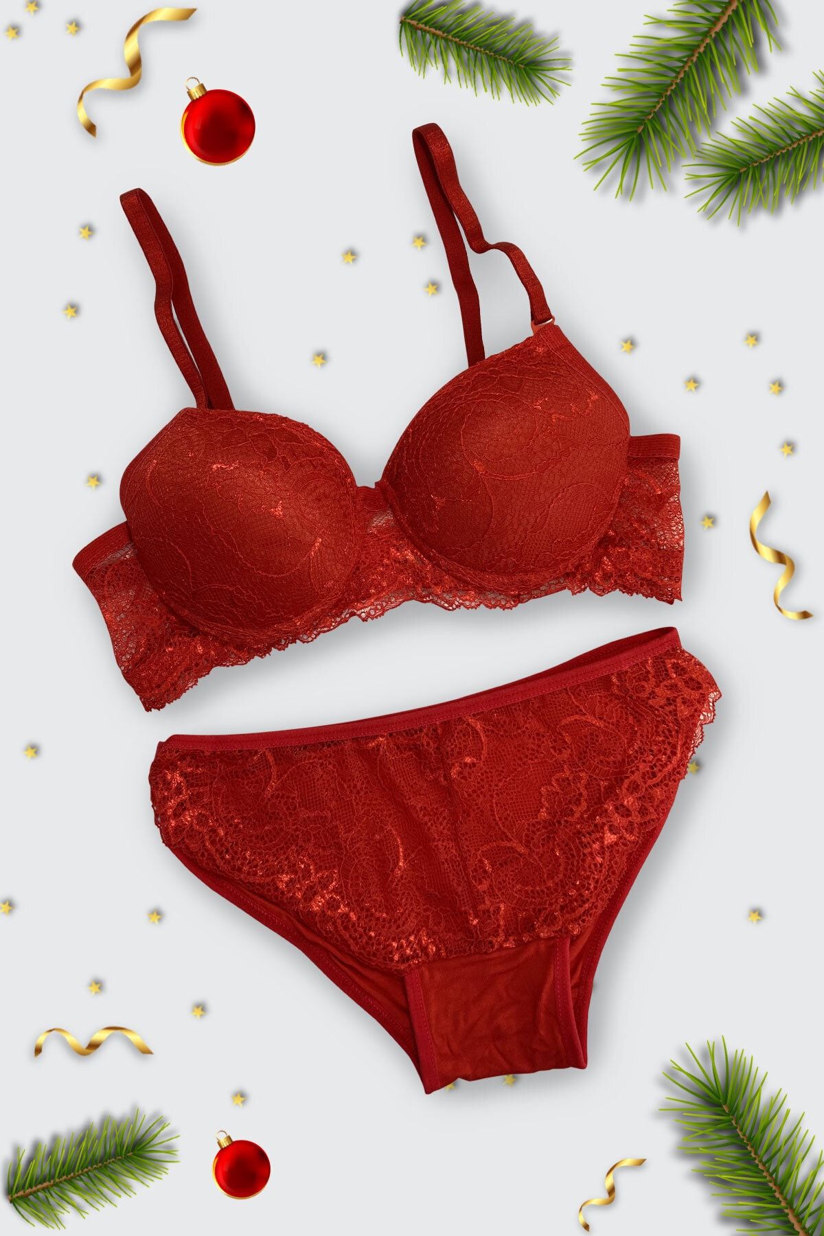 PEWMODA Christmas Girls - Yılbaşı Özel Kırmızı Dantel Dolgulu Sütyen Külot Takımı