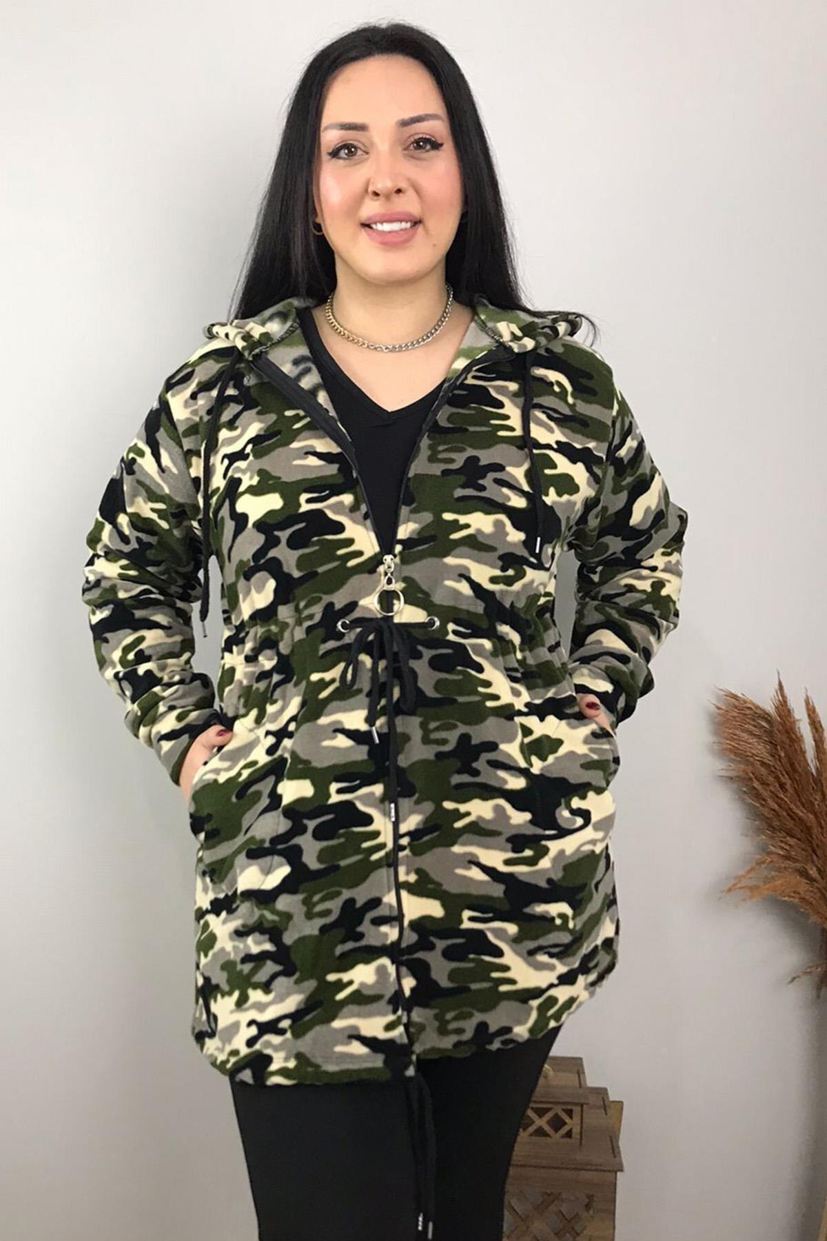 tarzimsuper Kadın Büyük Beden Kamuflaj Desenli Polar Sweat