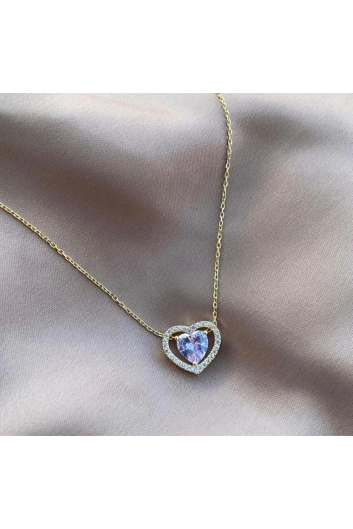 ernsilver Pembe Pırlanta Montürlü, 925 Ayar, Kalp Kolye, Gold Renk