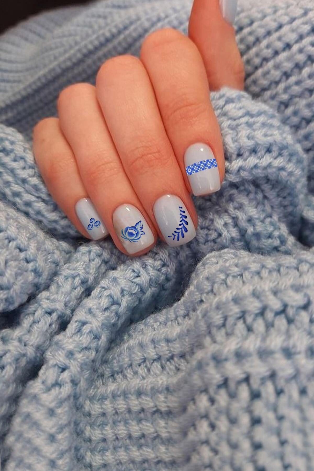 Flash Tattoos® Blue Blanc Mavi Çiçekler Kendinden Yapışkanlı Nail Art Süsü-tırnak Sticker