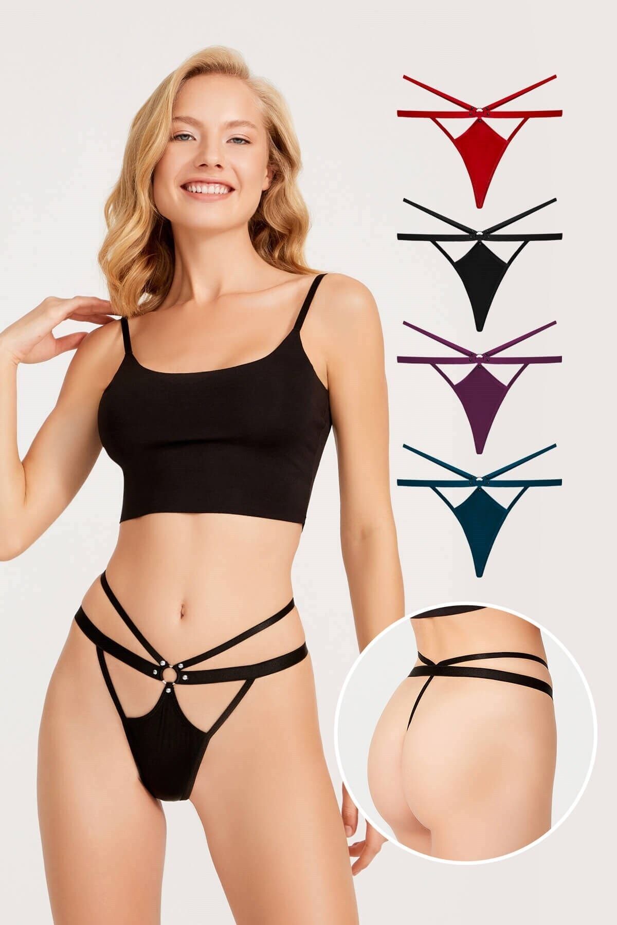 Cottonhill Saten Lastik Ve Taş Detaylı Kadın String 4'lü Paket Külot