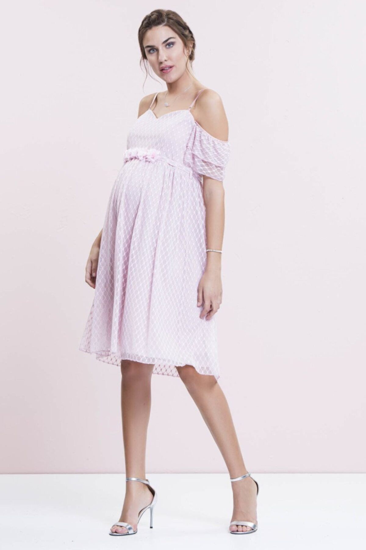 Even Fashion Hamile Giyim Çiçek Detaylı Tül Kısa Abiye Hamile Elbise Pembe