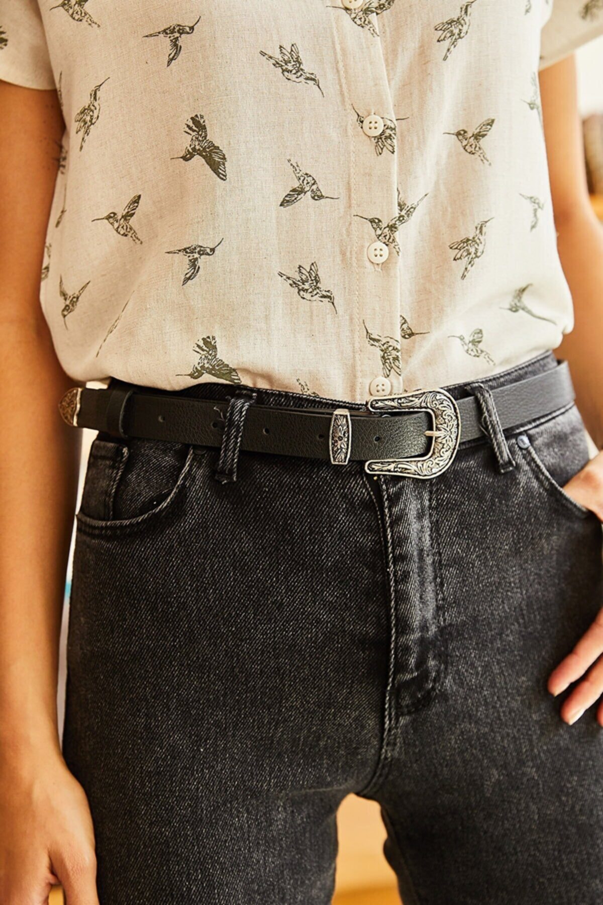 BE CHİC Kadın Siyah Gümüş Vintage Tokalı Elbise Jean Kemeri