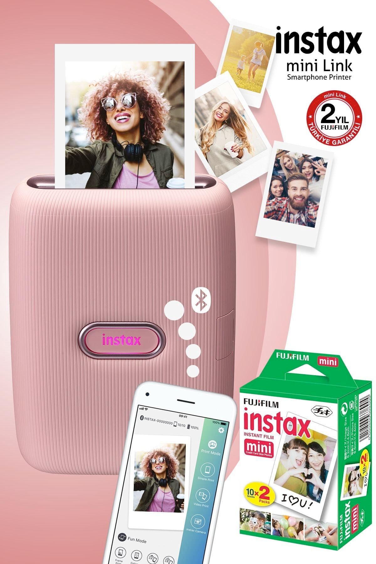 Fujifilm Instax mini Link Pembe Akıllı Telefon Yazıcısı ve 20'li mini Film