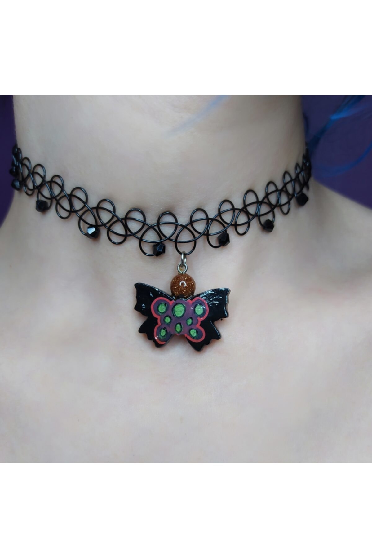 mamaokaliptus El Yapımı Kelebek Yıldız Taş Choker Tasma Kolye Seramik Kil Takı Tasarım Dövme Kolye Tattoo Tel