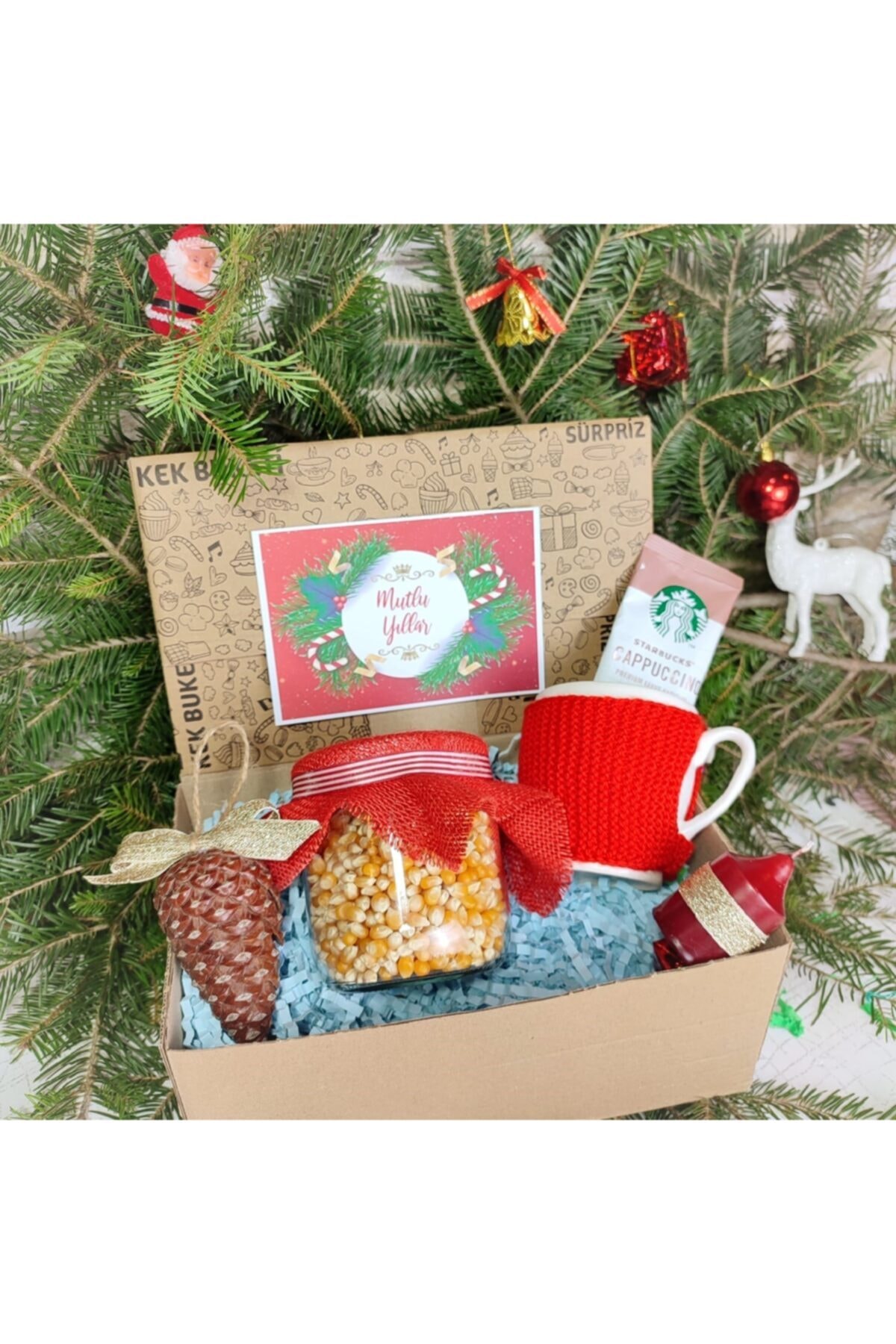 Orjinalhediyeler Pop Corn Hand Made Örgü Kılıflı Mug Yılbaşı Konseptli Mum Kahve Mutlu Yıllar Hediye Kutusu
