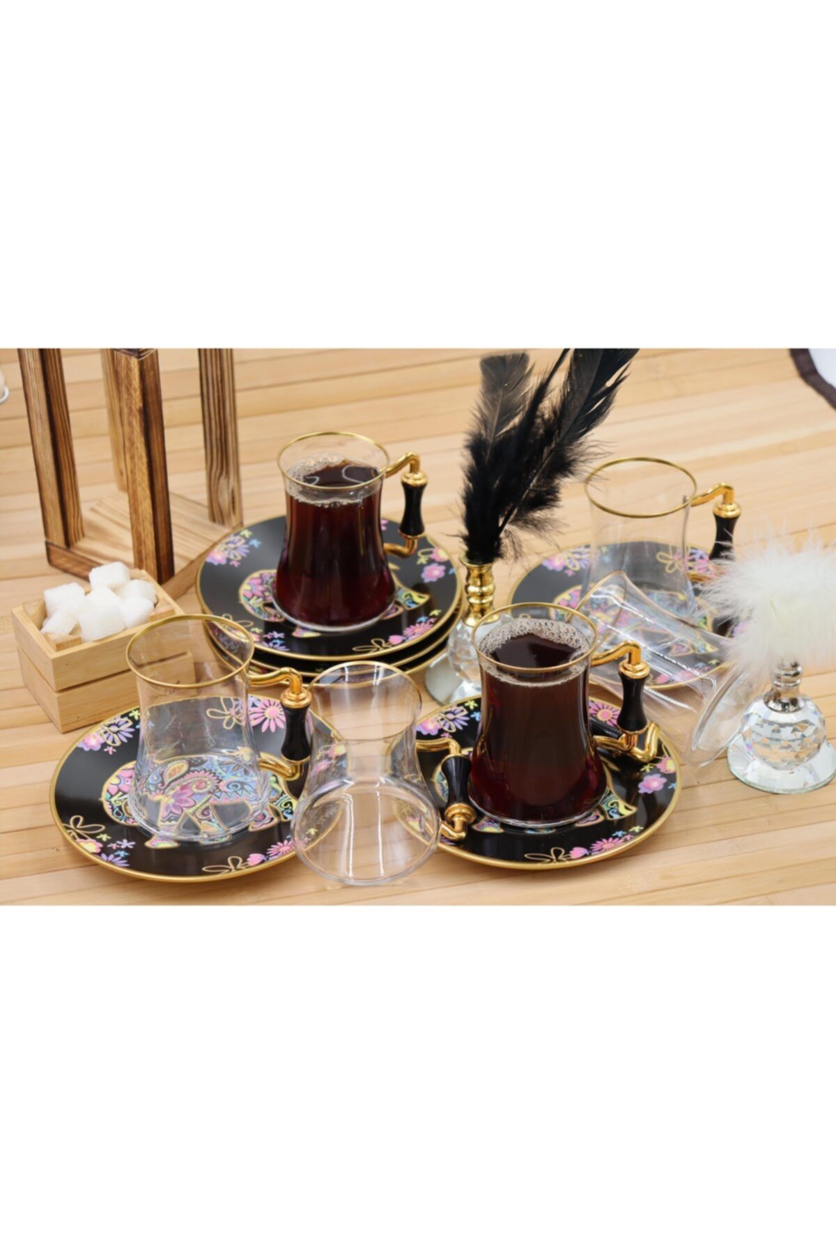 Viyalente Glamour 12 Parça Siyah Fil Kulplu Çay Seti Altın Yaldızlı