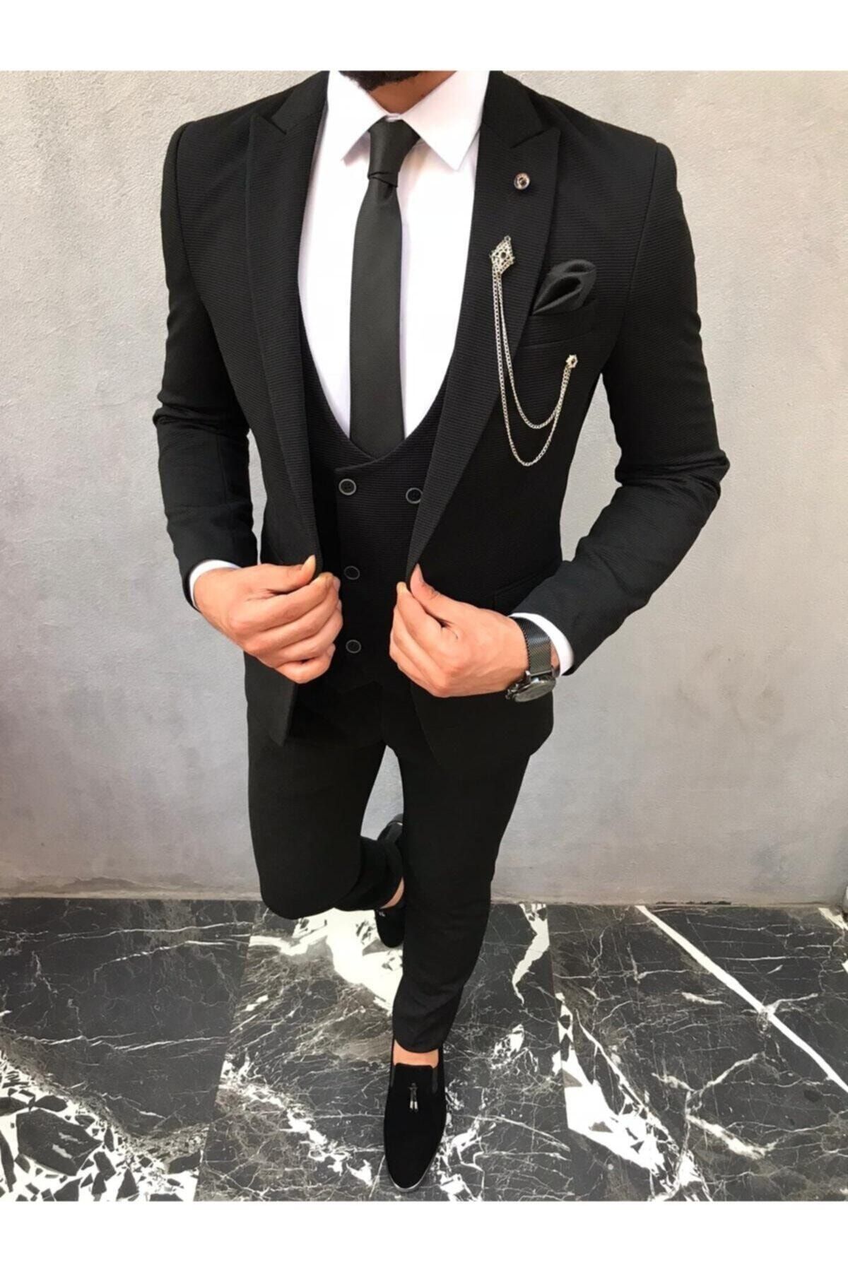 Bycool Fashion Kırlangıç Yaka Slim Fit Siyah Takım Elbise
