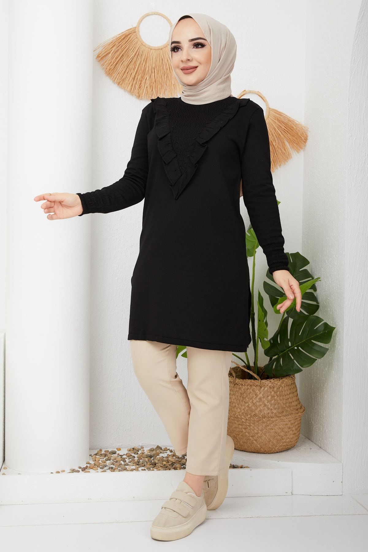 İmajButik Önü Fırfır Detaylı Triko Tunik/siyah