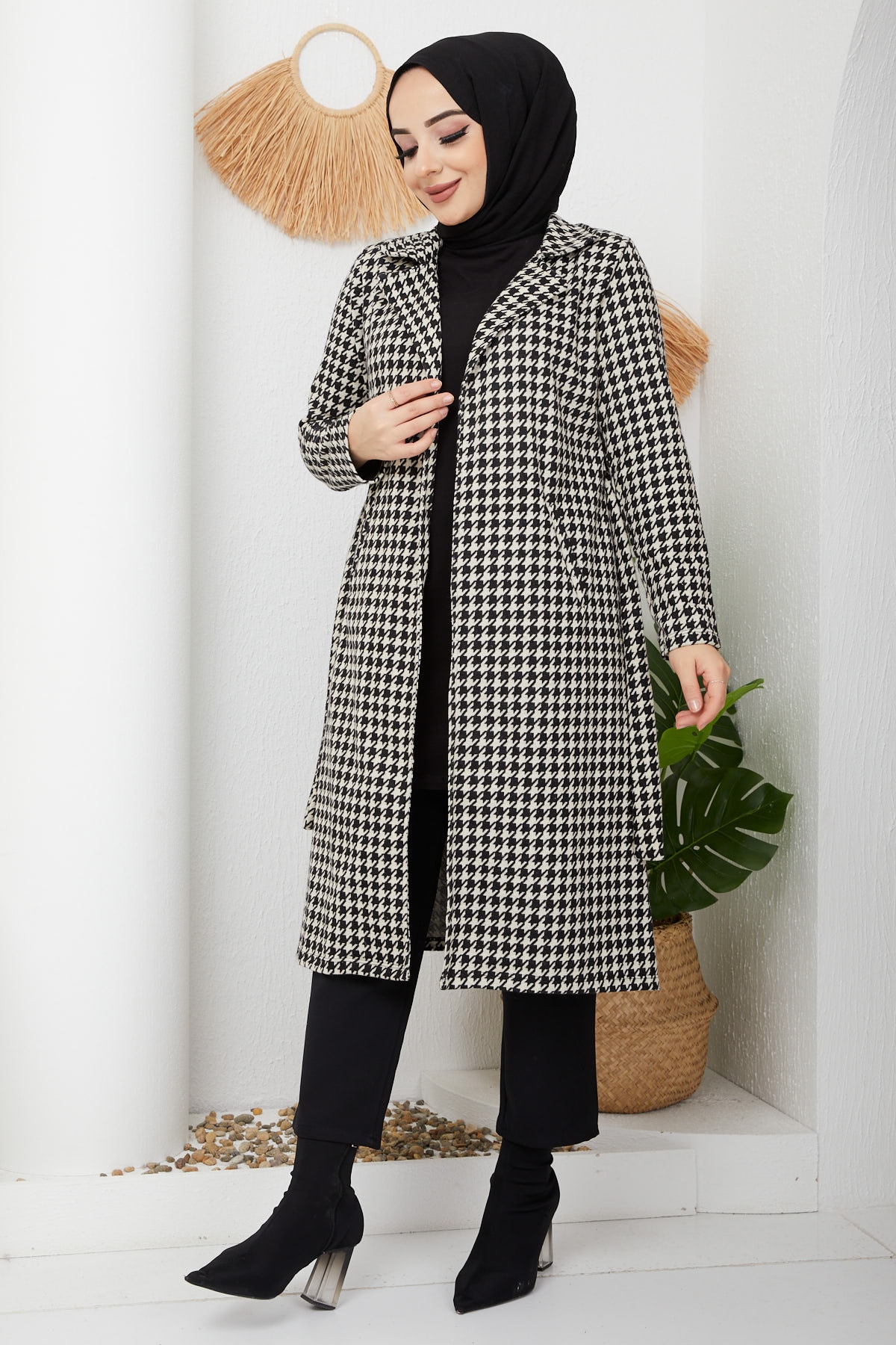 İmajButik Kazayağı Desenli Kaşe Kaban/siyah