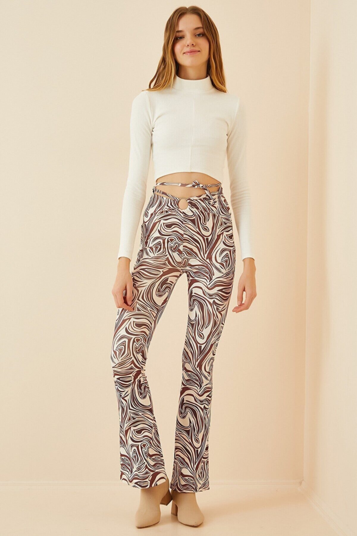 IŞILDA Kadın Giyim Kahverengi Desenli Ispanyol Tayt