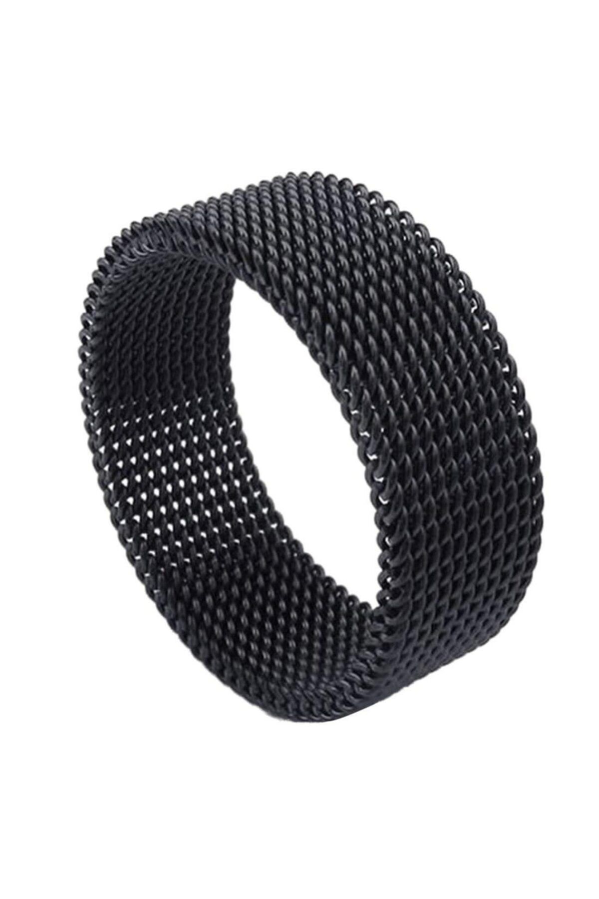 Takı Dükkanı Unisex Siyah 8mm Örgü Hasır Çelik Yüzük sb2