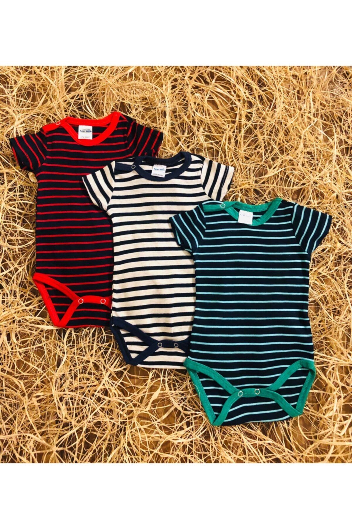 Fuar Baby Unisex Bebek 3 Adet % 100 Pamuk Kısa Kollu Çizgili Çıtçıtlı Body