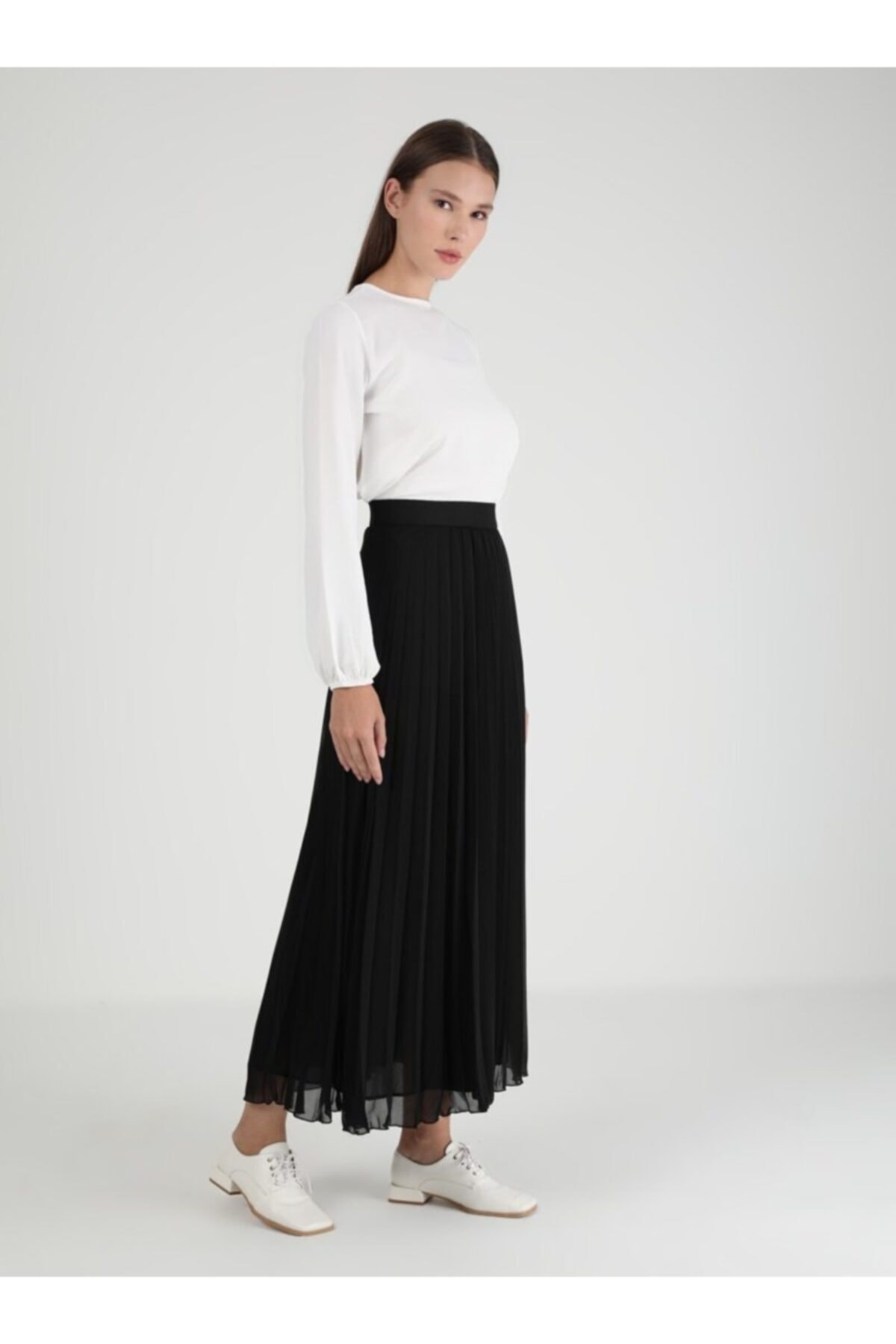 Refka Beli Lastikli Piliseli Şifon Etek - Siyah - Casual