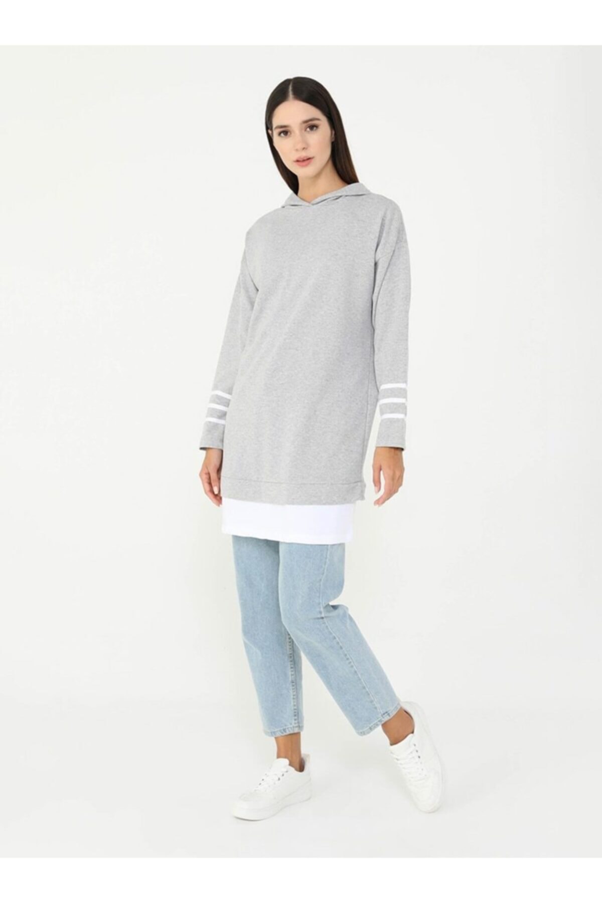 Tavin Kolları Şerit Detaylı Kapüşonlu Sweatshirt-gri-