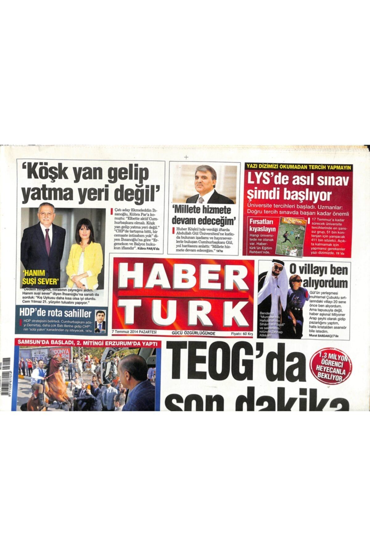 Gökçe Koleksiyon Haber Türk Gazetesi 7 Temmuz 2014 - Paraşütçüleri Taşıyan Uçak Düştü : 11 Ölü - Tbmm'de Kritik Hafta