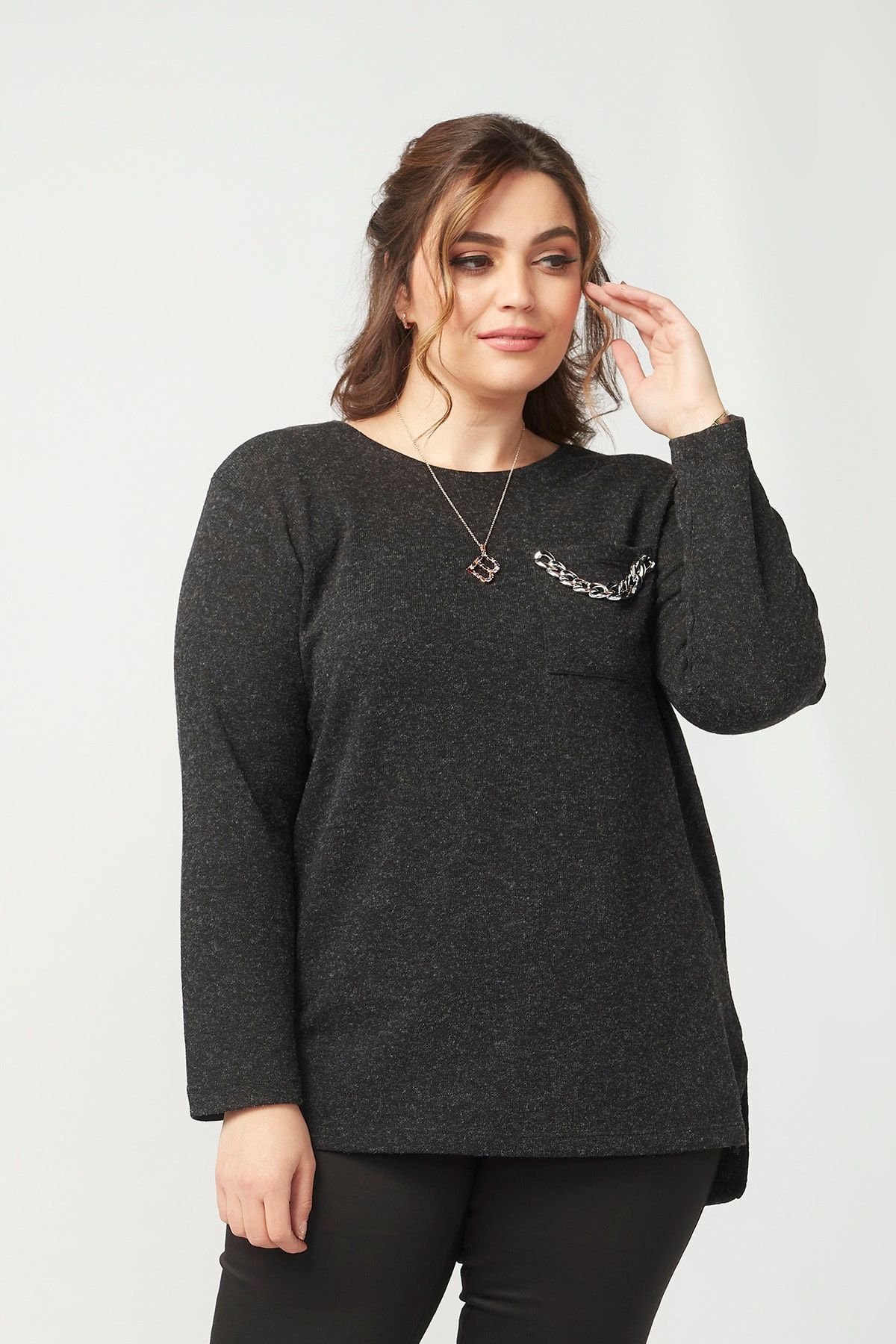 Moda Alba Füme Zincir Cepli Büyük Beden Örme Bluz
