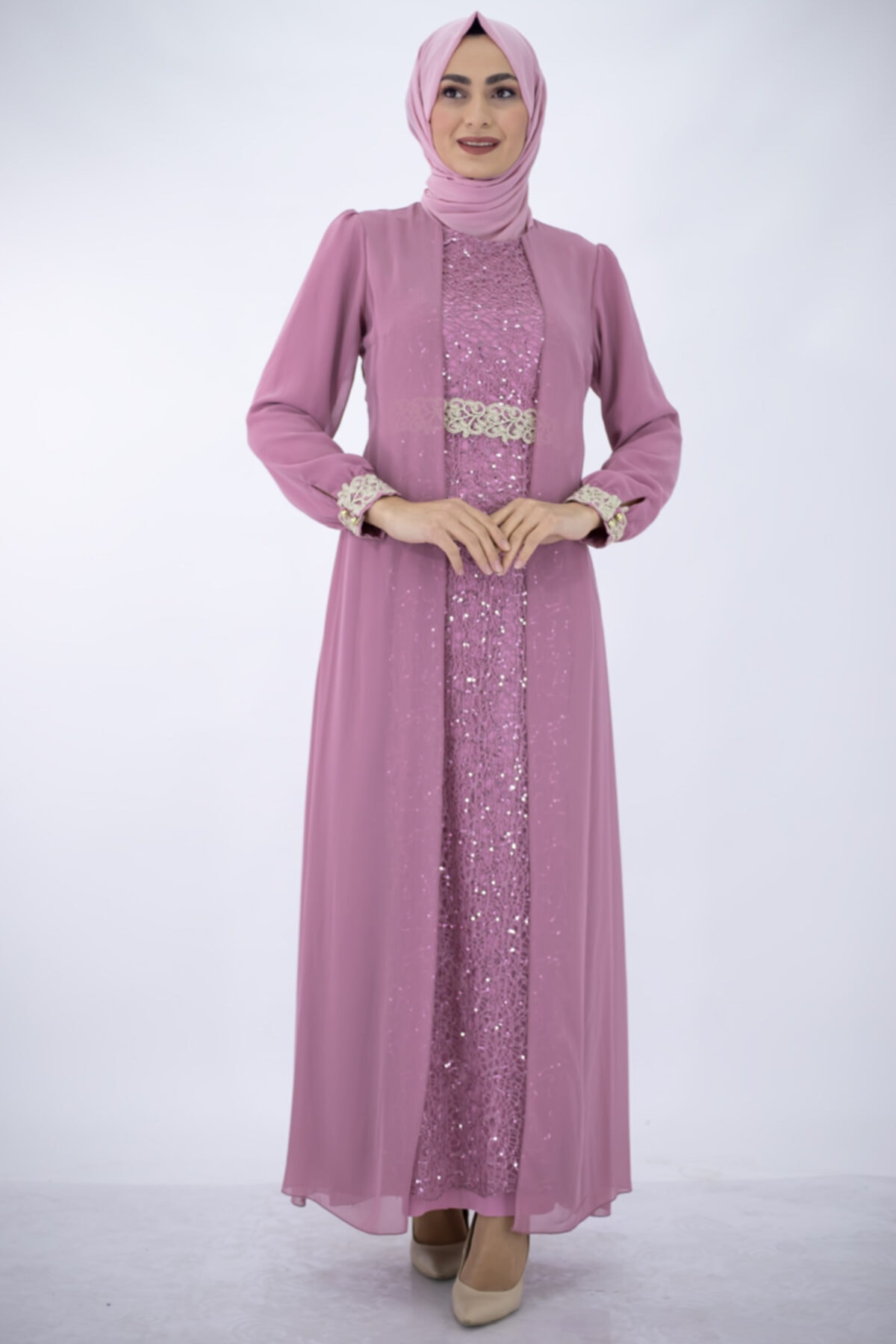 Feiza Collection Güpür Detaylı Tesettür Abiye Elbise Kadın Pudra