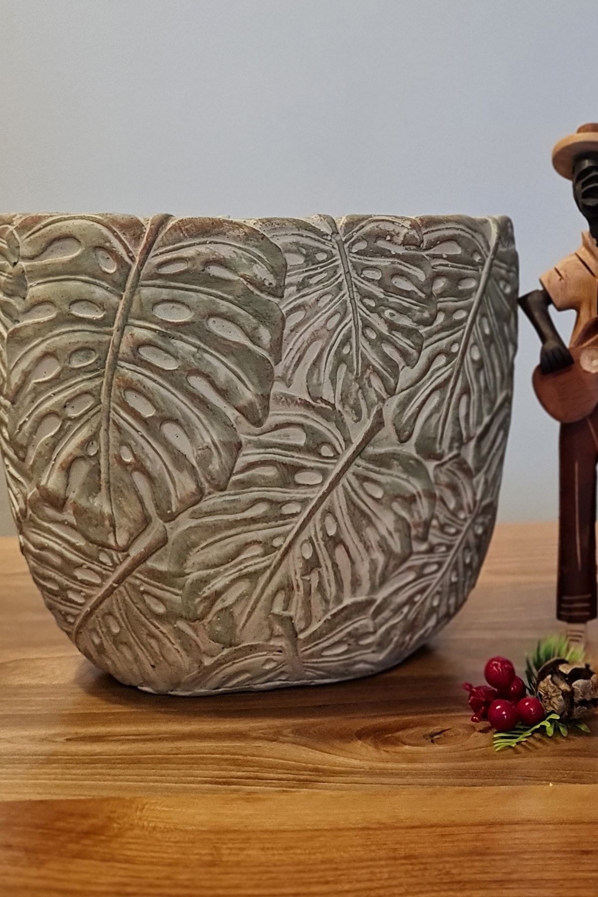 FiveCrony Monstera Desenli Beton Saksı El Yapımı Beton Saksı Oval Büyük Gc202123