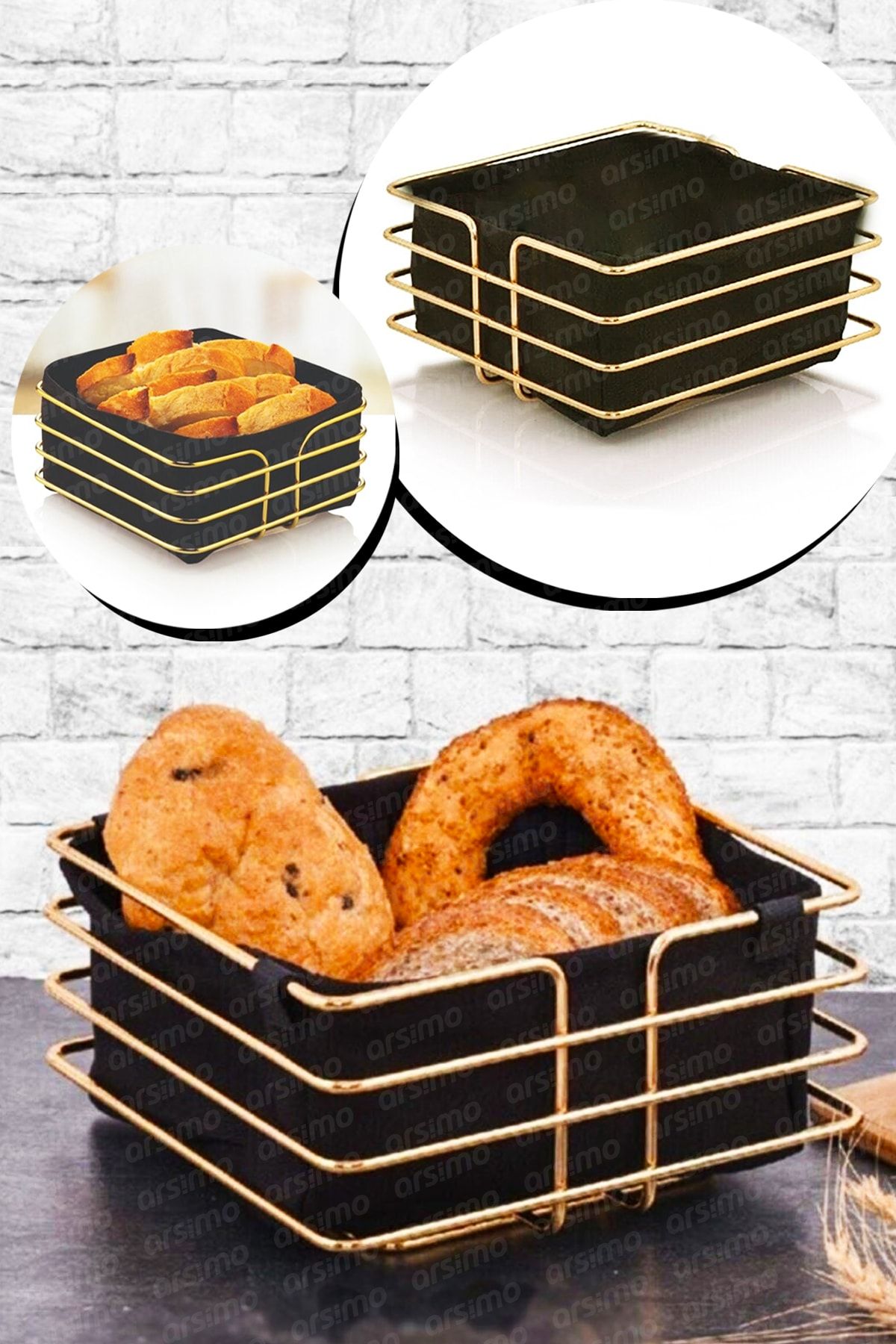Arsimo Lux Ekmeklik Kumaş Hazneli Ekmek Sepeti Paslanmaz Çelik Gold Kare